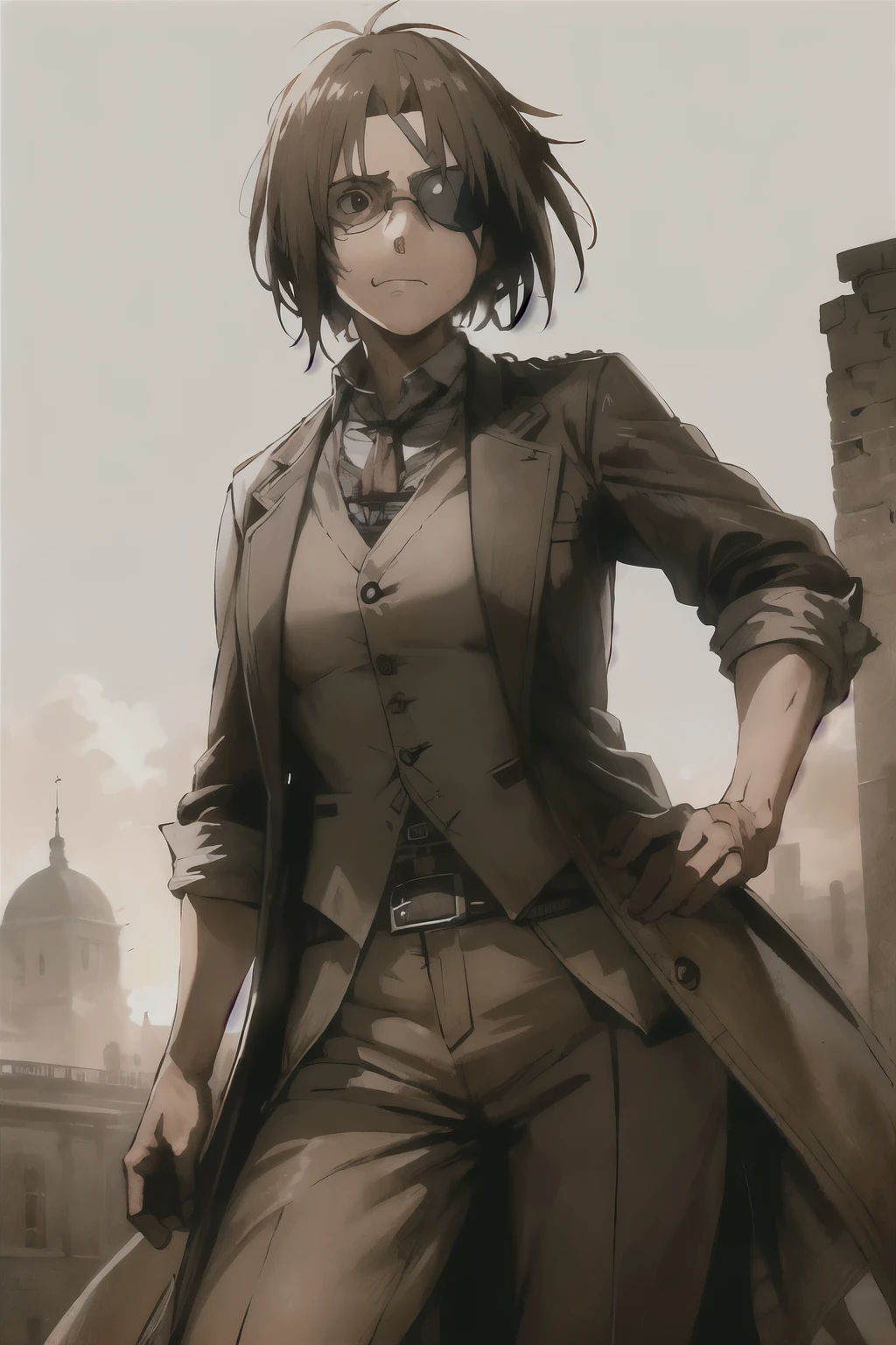 Beautiful portrait of Hanji AOT, One girl, Glasses, teeth, alone_concentrated, Parody, Eye patch, Clenched_teeth, Frowning, Volumetric lighting, Highest quality, masterpiece, Intricate details, Tone Mapping, sharp concentrated, Super detailed, Trending on Art Station,