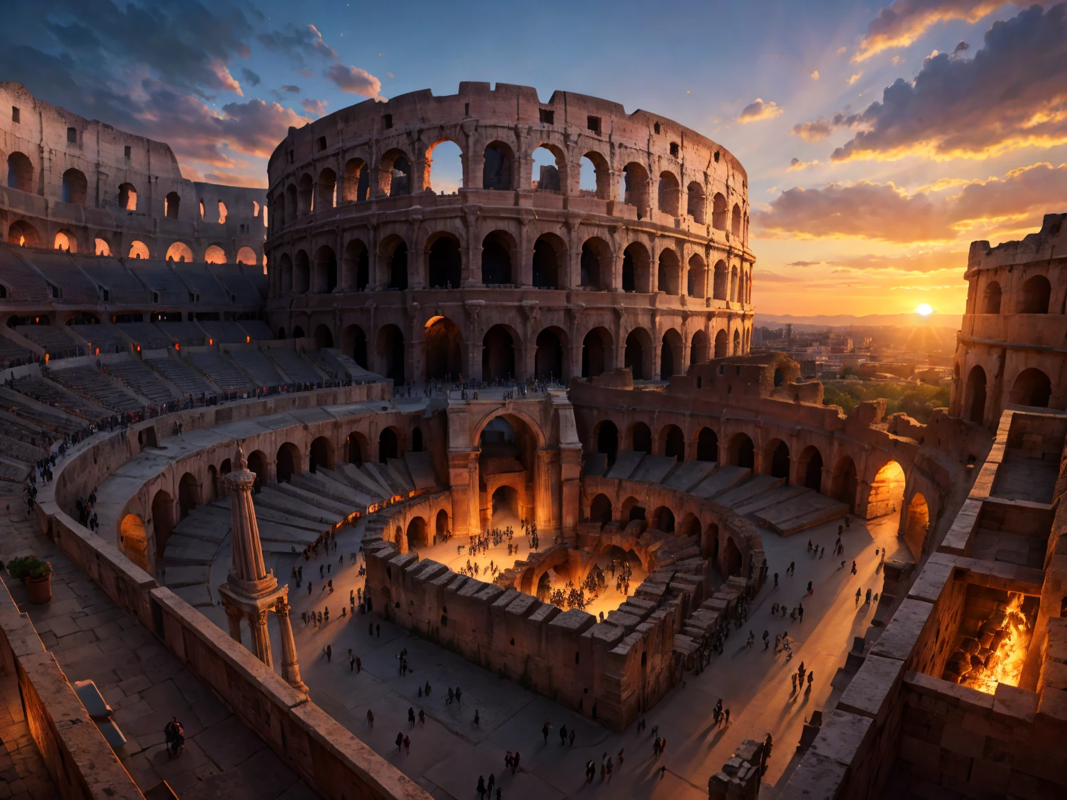 Very detailed, full color, full body photograph of a centaur.:1.2, standing, high, short brown hair, gauntlets, showing chest, detailed muscular physique, Realistic representation, 4k resolution. below: Colosseum during a spectacular sunset,32k UHD, Best Quality, masterpiece,