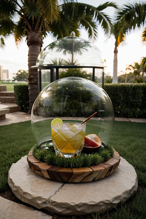 cocktail on a base with synthetic grass covered by a glass dome