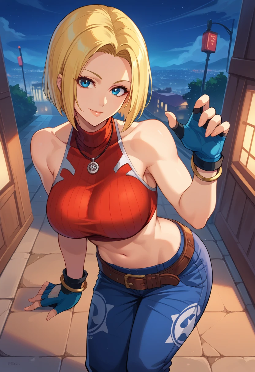 score_9, score_8_up, score_7_up, 1girl, solo, BlueMary, short hair, blue eyes,pants, crop top, turtleneck, belt, large breasts, fingerless gloves, necklace, standing, standing, ((lying on side)), flirtatious smile, looking at you, night, street, illimunated city, from above