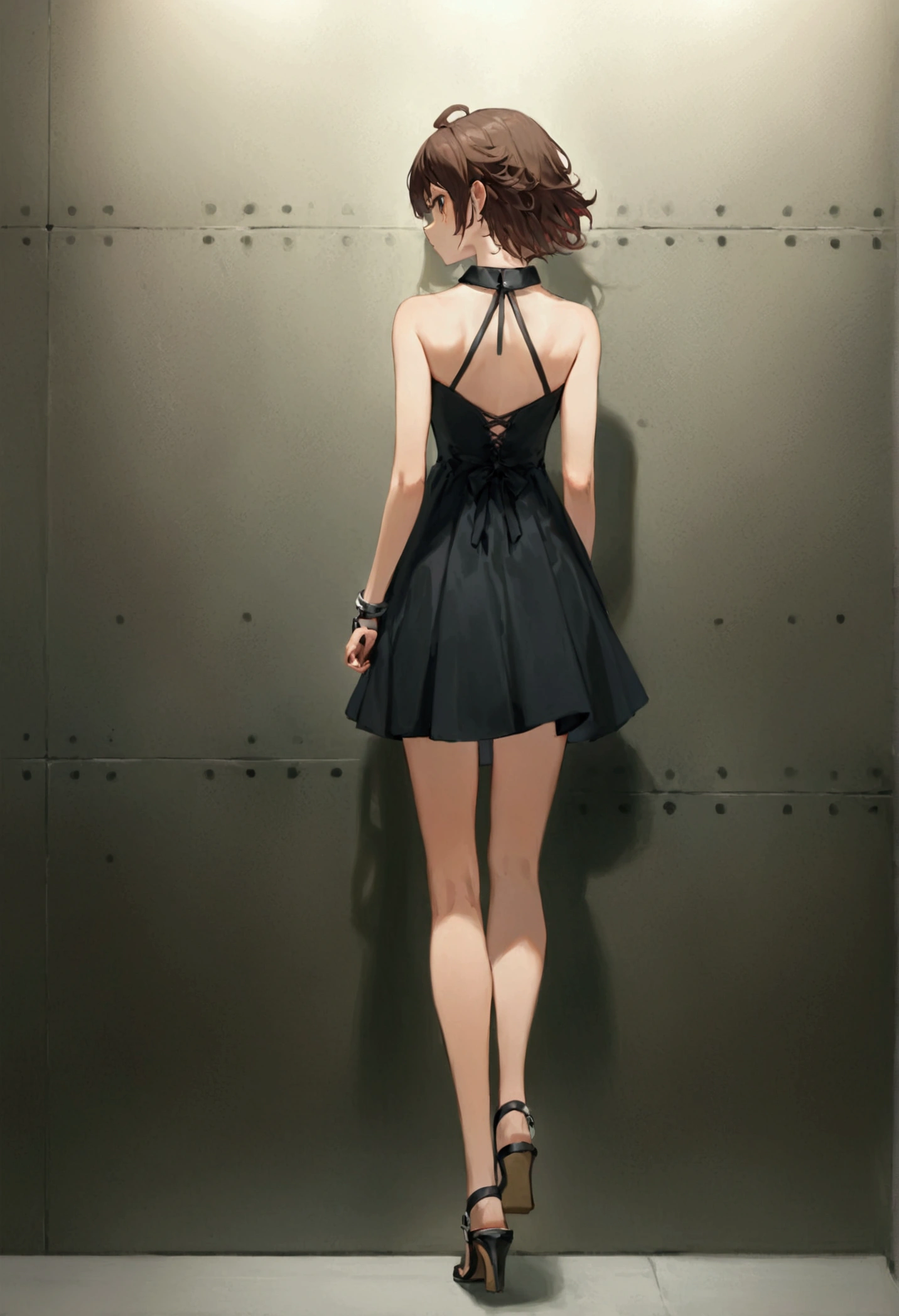 Excellent image, girl in a short dress with open shoulders, wearing high heel sandals, stands facing the wall, hands behind your back, handcuffs on hands