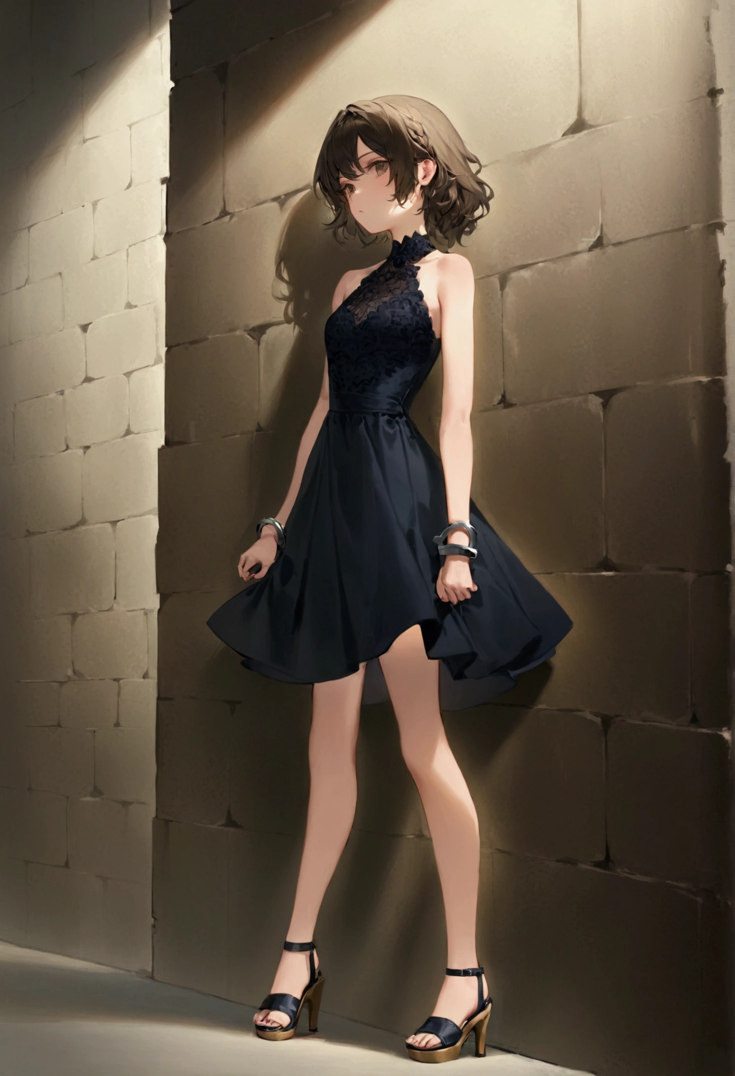 Excellent image, girl in a short dress with open shoulders, wearing high heel sandals, stands facing the wall, hands behind your back, handcuffs on hands