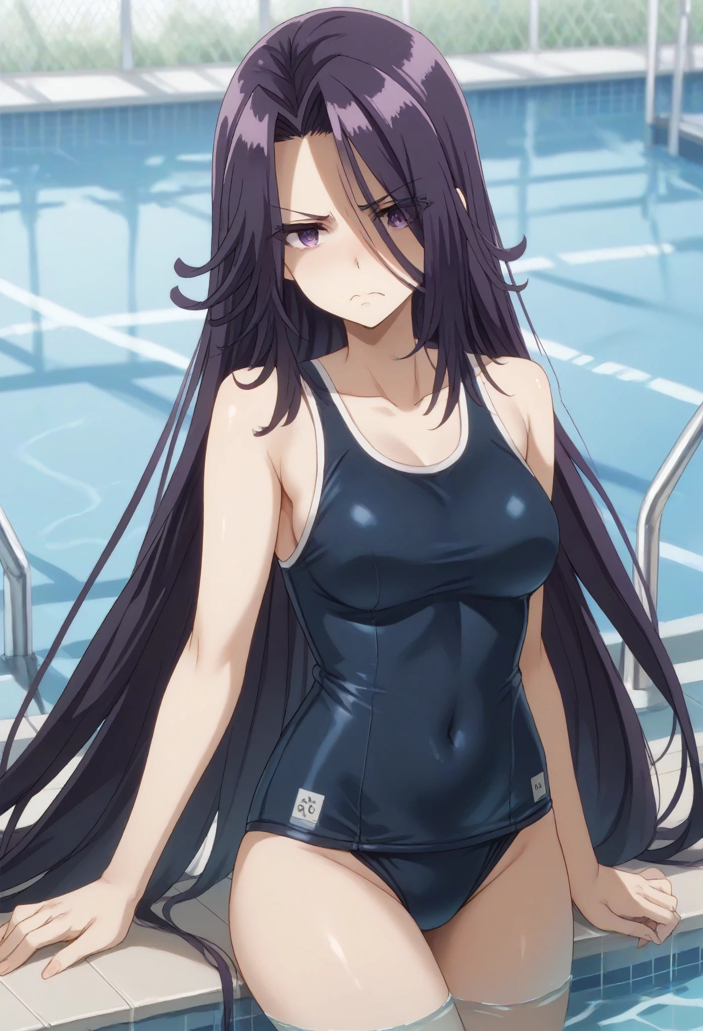 aurora,tall woman, long hair, purple hair, very long hair, purple eyes,on the pool,school swimsuit,((disgust,shadow over eyes,looking downon viewer)),ultra tight school swimsuit,blush
