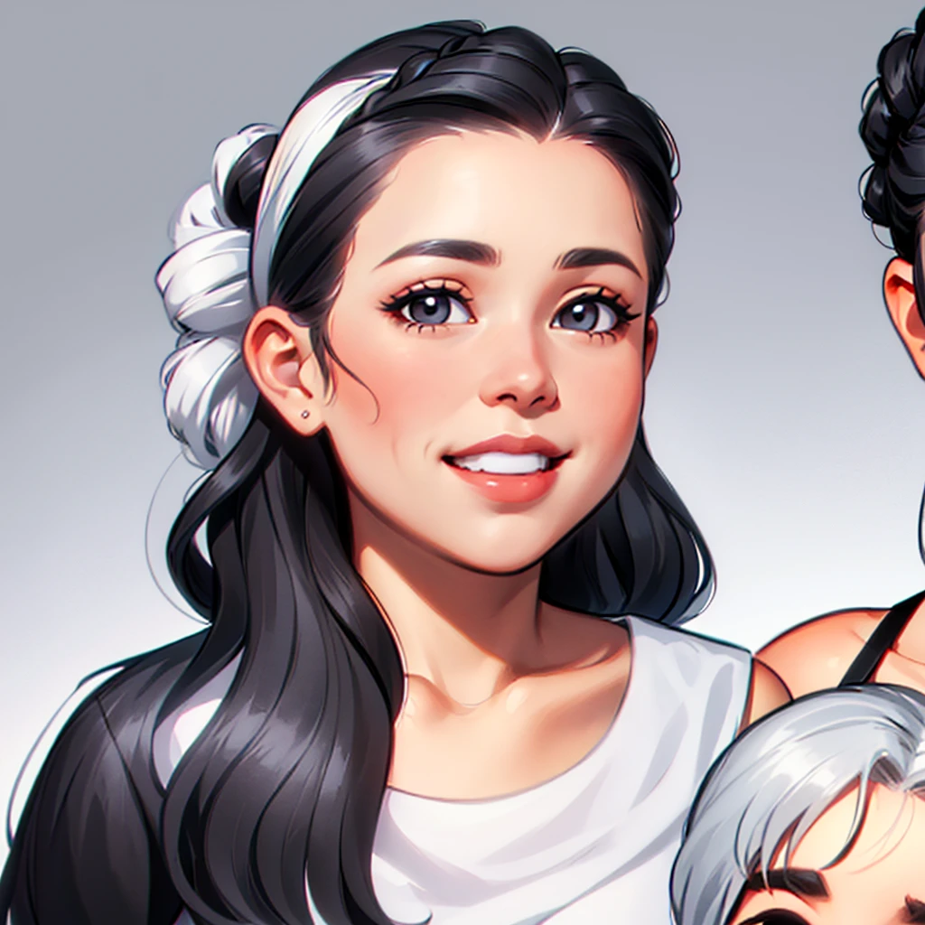 cute white dress , (((half up half down hairstyle)), loose hair, showing forehead, smile, black hair, white skin, comic style, white background, black coloreyes, asian
