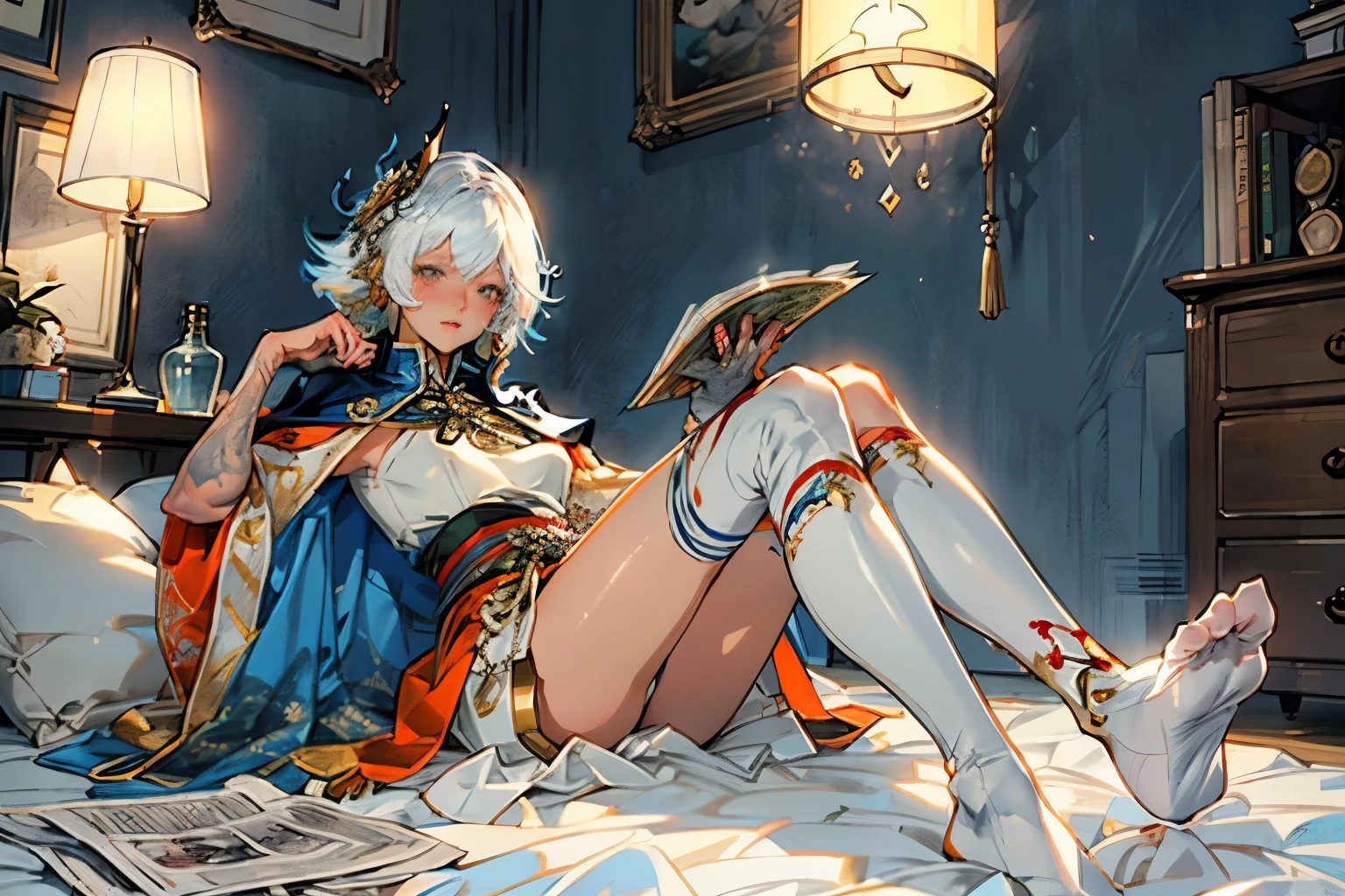 Lamp light in a dimly lit room Exotic folk costume, gold fine embroidery, cape ornament, knee socks Hair ornament Tied hair, gradient hair. Tattoos on hands and feet. Lounging in room, tabloid.