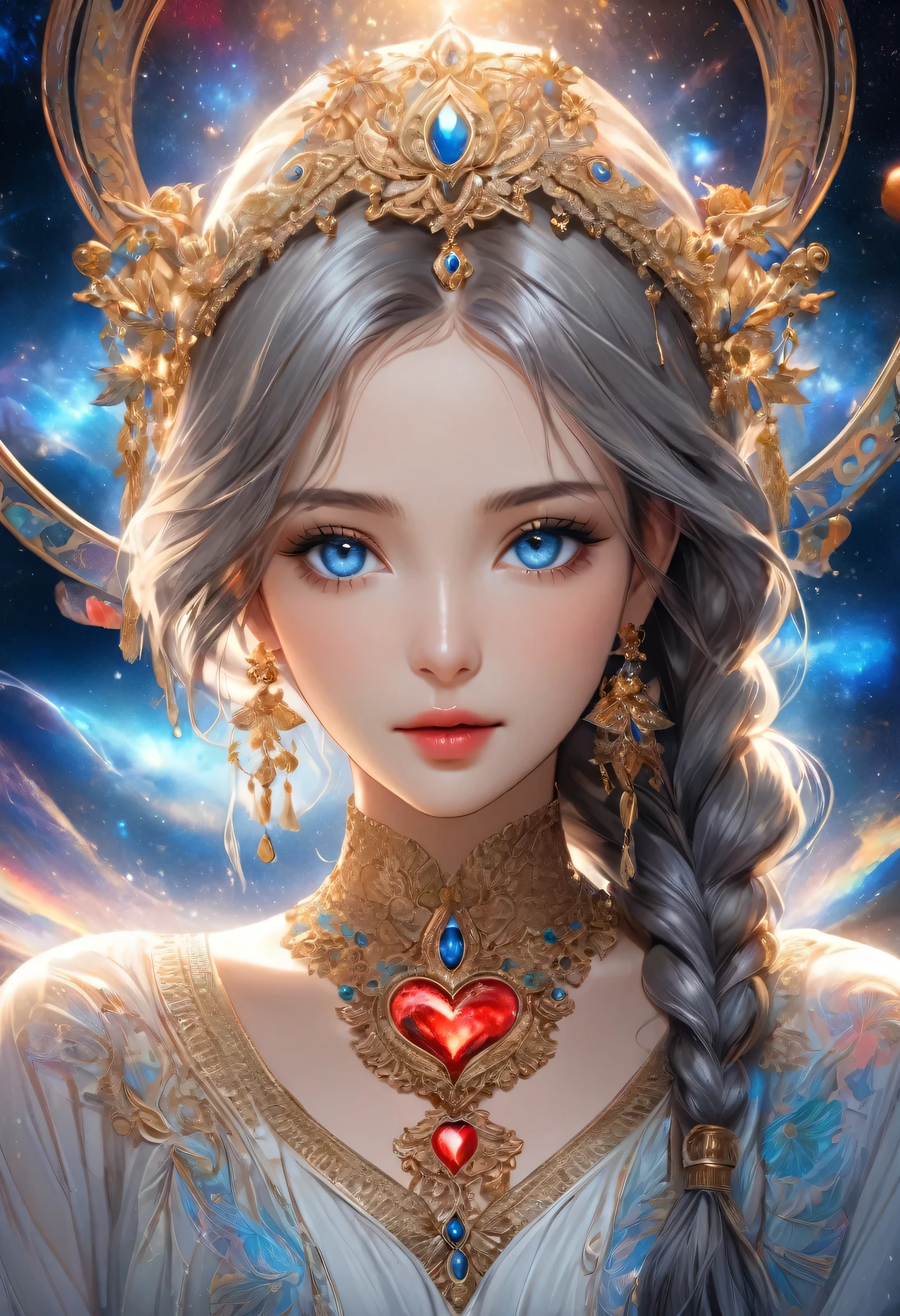 Charming Indian woman, stunning, slender, Delicate face, Lightly tanned skin, Gray hair, Detailed blue eyes, Full lips, Delicate chin, long hair, Braided, upper part of the body, delicate garments in almost transparent fabric, light blue with gold embroidery , holds in her hands a red crystal heart-shaped jewel, shiny, intricate and detailed jewelry, looking at the viewer, detailed background, detailed face, (bohoai, boho theme: 1.1) (bright eyes: 1.05), constellation of living stars, zodiac, horoscope, at peace, calm, twins, symbolism, astral energy, bright white lights, cosmic light, flower, metaphysics, lighting, stardust, backlighting, cosmic space background, ethereal atmosphere, high quality.
