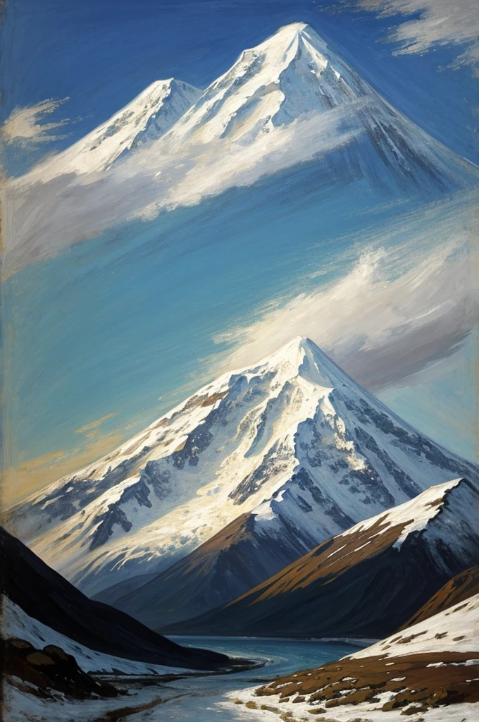 Generate a highland painting with a background of the snowy peak of Illimani in the style of the painter William Turner
