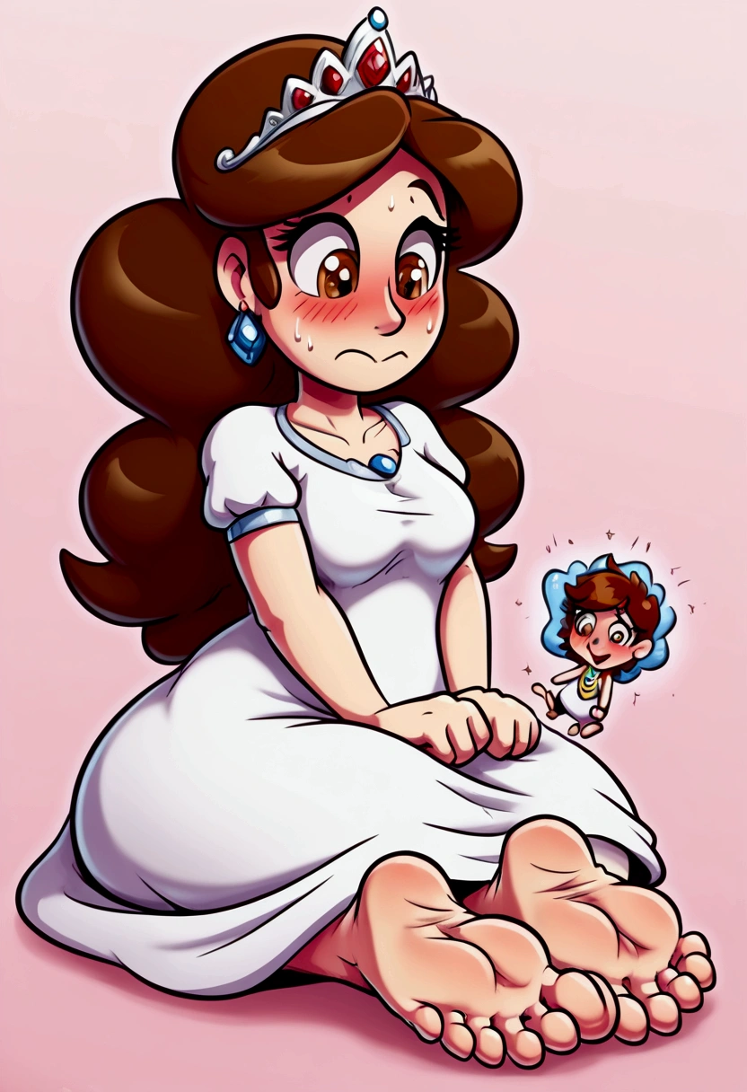 A_princess_with_big_feet (massive feet) gigantic_soles (giant toes) hair_color (brown hair) (white dress) eye_color (brown eyes) silver_tiara, ((embarrassed, cute, funny, adorable, masterpiece, high quality)) and a tiny person with a white t-shirt (micro, mini) sniffing_her_feet