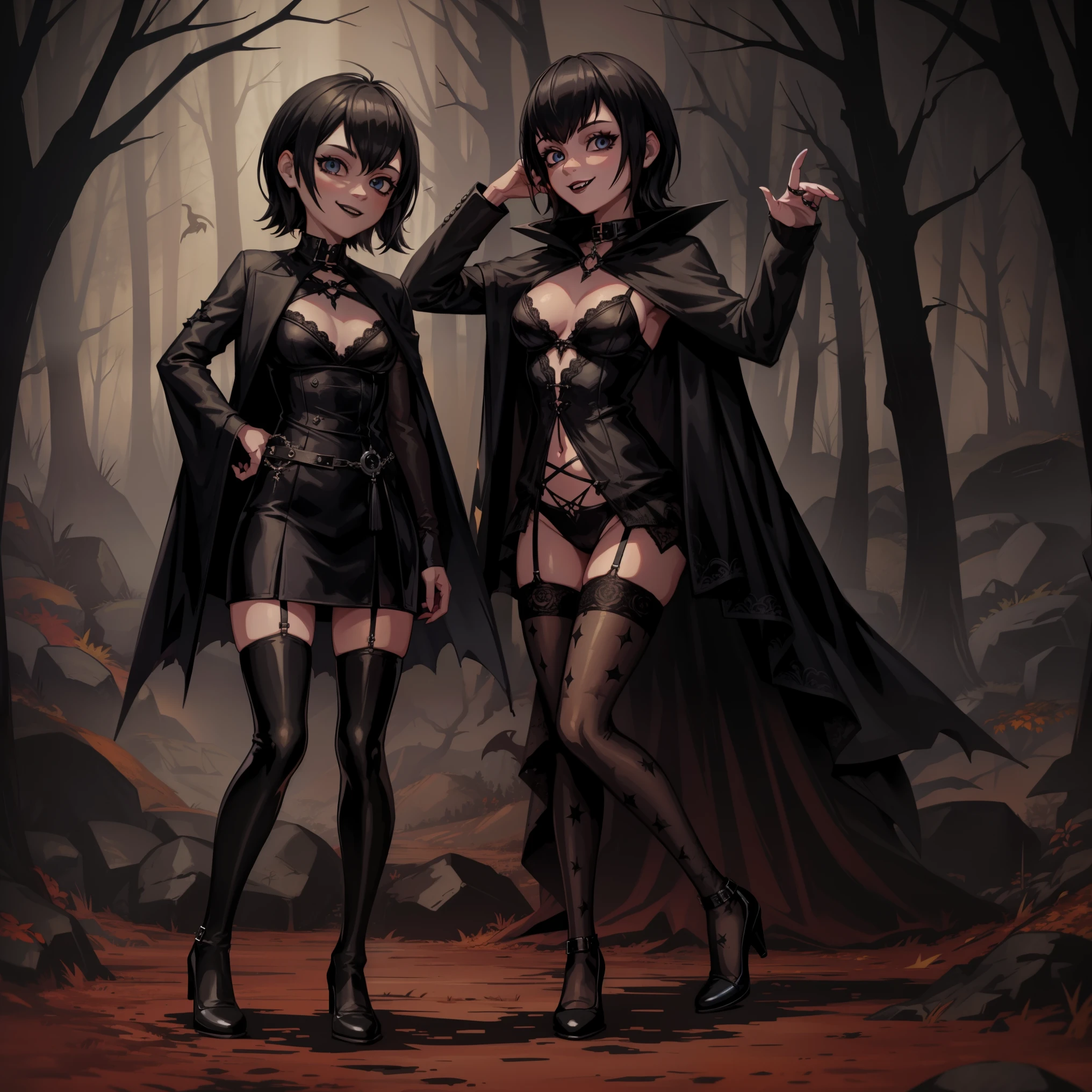 Mavis, 1 girl, full body, in woods, cute body, nice legs, thigh gap, black lipstick, gothic, dark autumn woods, gothic forest, ddstyle, masterpiece, detailed background, highly detailed, intricate, detailed face, long eyelashes, detailed eyes, cute, sexy, punky, gothy, small breasts, smile, beautiful, cute, revealing dark open lingerie outfit, black lace, vampire sexy, vampire fans, posing on ground, sultry, looking at viewer