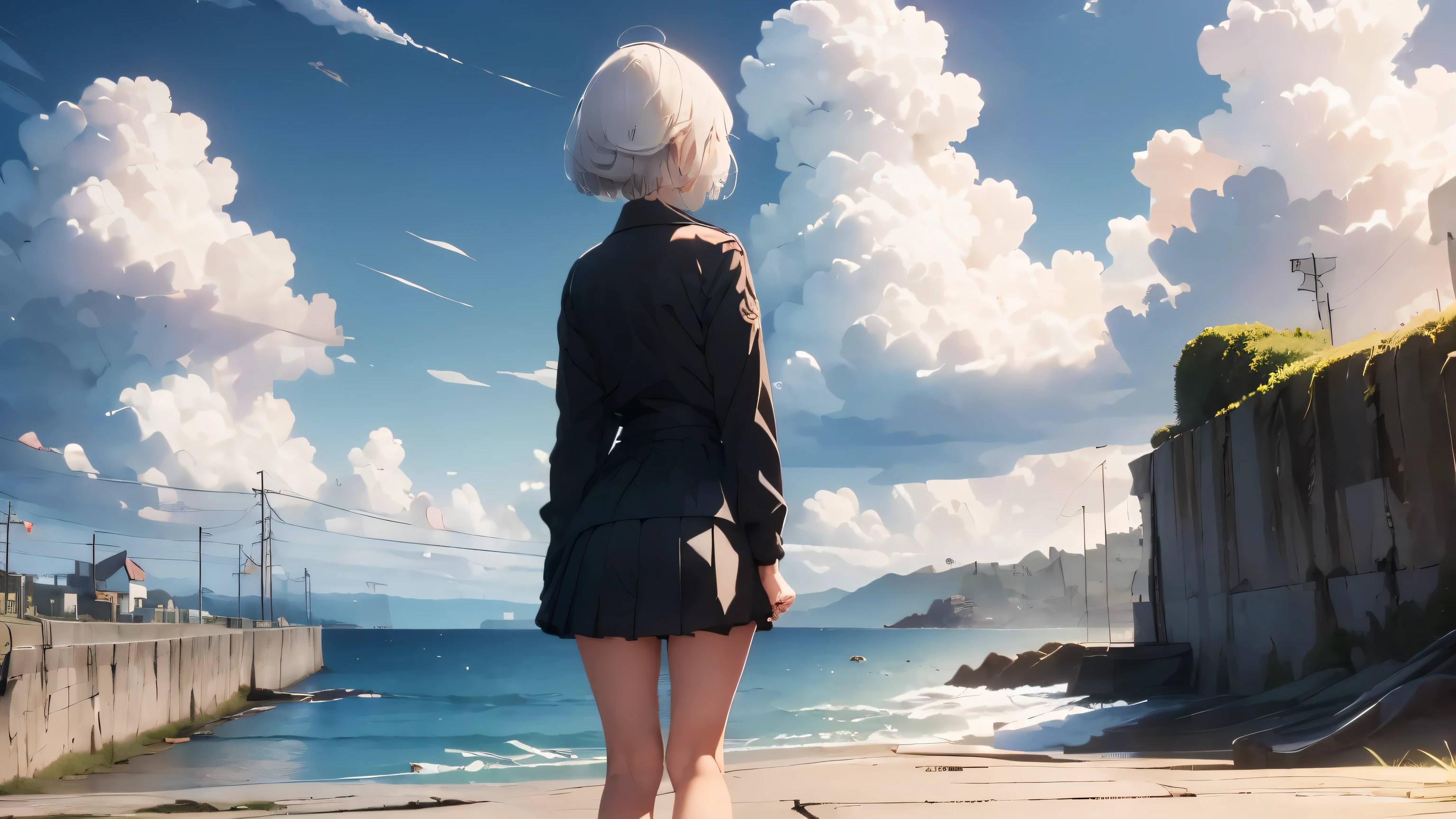 (Top quality, masterpiece),(One girl, standing on breakwater, full body, uniform, short hair, white hair, with her back to us), (Summer sky, cumulonimbus clouds, sea, breakwater),(Lo-fi art style)