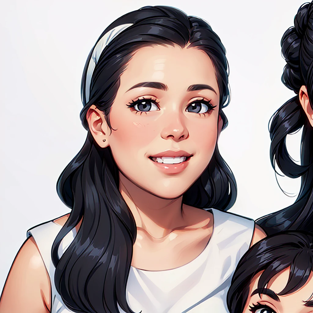 cute white dress , (((half up half down hairstyle)), loose hair, showing forehead, smile, black hair, comic style, white background, black coloreyes, asian