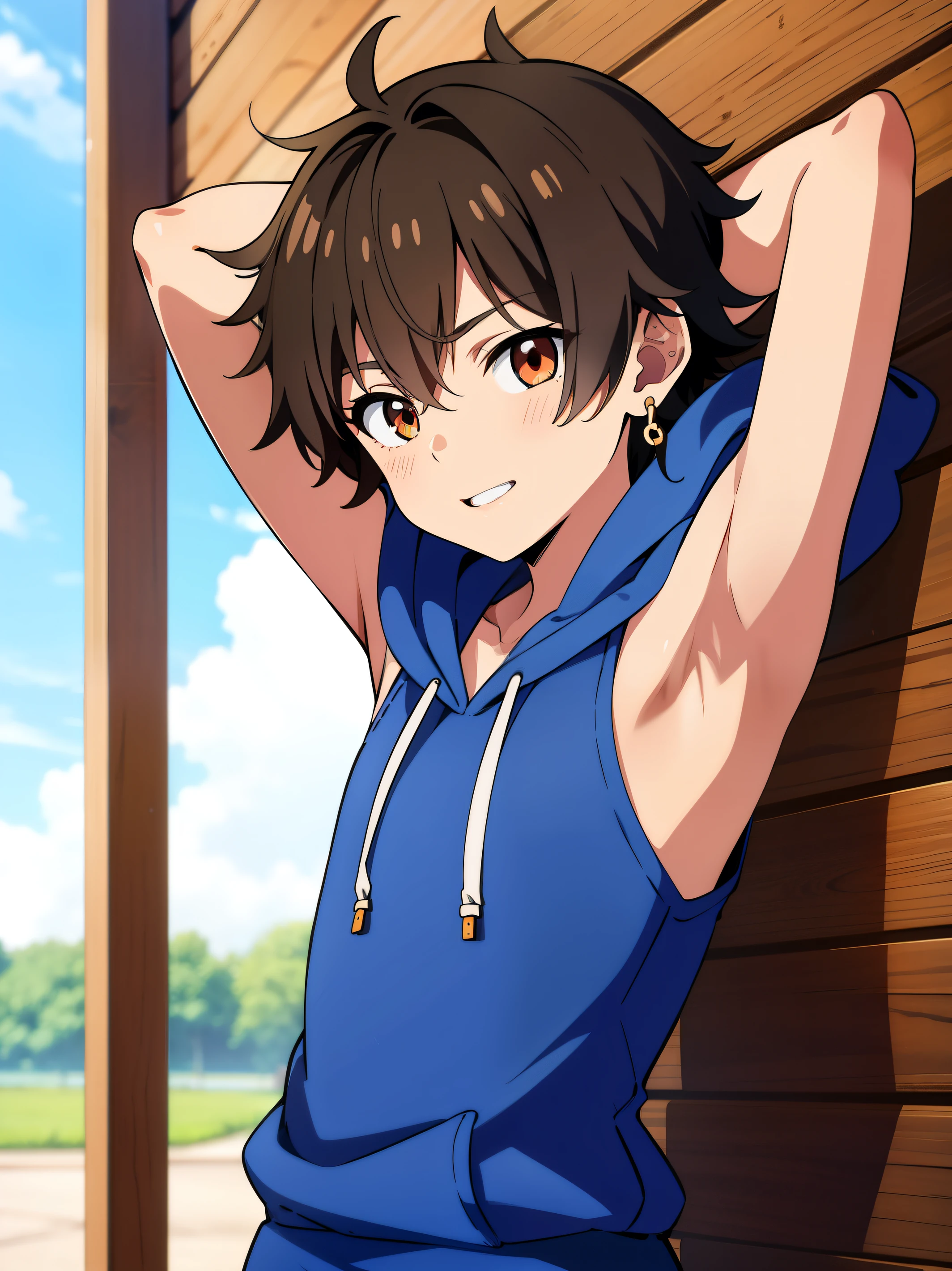 Highres, Masterpiece, Best quality at best,Best Quality,hight quality, hight detailed, Anime style, 1kid, Boy, Shota, Solo person, hansome, Messy hair, Earring, Sleeveless hoodie, Upper body, Summer day, Laugh, Slim body, Blurry beckground, Seen from the front, (Showing armpit:1.3), ( boy), (very small and short body), Uhd