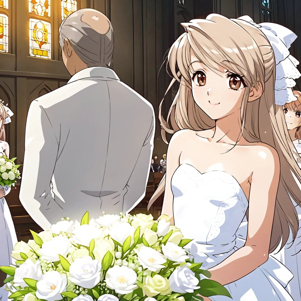 One bride, smile, Baby Face, Thin chest, light brown hair, brown eye, hair ribbon, bouquet, sacred, mysterious, レイプ, Church Break anime screencap, masterpiece, best quality