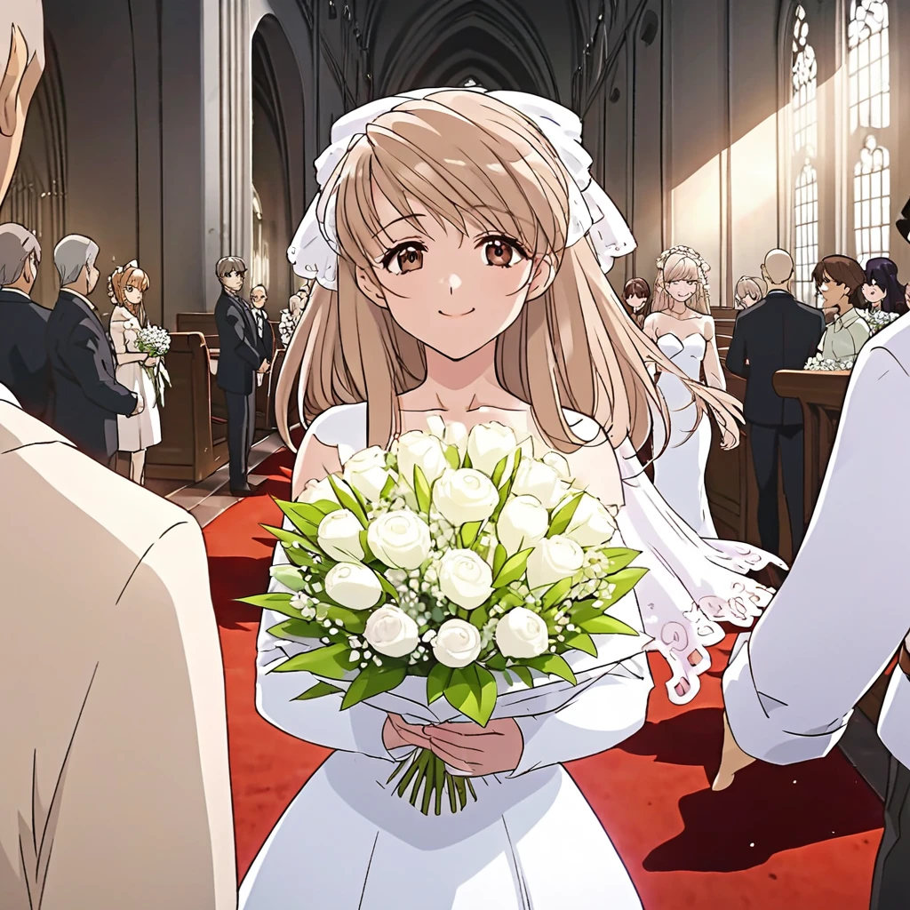 One bride, smile, *********, Thin chest, light brown hair, brown eye, hair ribbon, bouquet, sacred, mysterious, レイプ, Church Break anime screencap, masterpiece, best quality