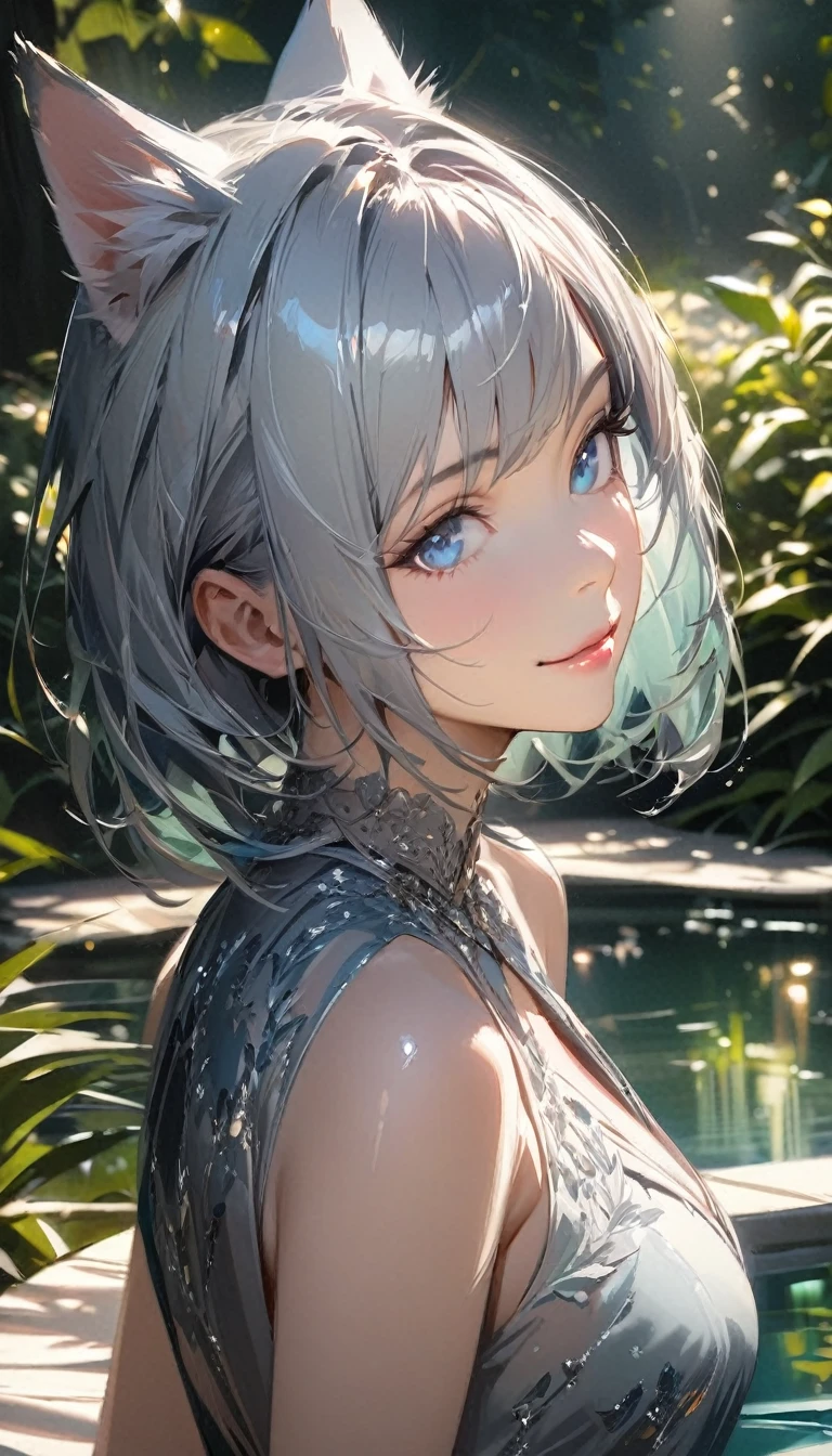 silver hair, 1 girl, (((best quality)), ((masterpiece)), (details), masterpiece, best quality, high quality, super detailed, perfect face, ((1 girl, Blue eyes, Cat ears: 1.3 silver bob: 2.5,)),Shiny Hair、Shiny skin、smile、Alluring expression、Mysterious,Airy,Delicate portrait,Beautiful attention to detail,Beautiful lip detail"Frozen in time" atmosphere,Garden Background,Shining sunlight,Spectacular reflections on the water,Calm expression,Graceful pose,夢のようなatmosphere,Soft colors,Painterly aesthetics,Subtle brushwork,Photorealistic Rendering