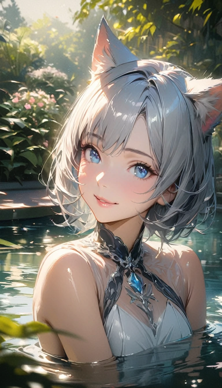 silver hair, 1 girl, (((best quality)), ((masterpiece)), (details), masterpiece, best quality, high quality, super detailed, perfect face, ((1 girl, Blue eyes, Cat ears: 1.3 silver bob: 2.5,)),Shiny Hair、Shiny skin、smile、Alluring expression、Mysterious,Airy,Delicate portrait,Beautiful attention to detail,Beautiful lip detail"Frozen in time" atmosphere,Garden Background,Shining sunlight,Spectacular reflections on the water,Calm expression,Graceful pose,夢のようなatmosphere,Soft colors,Painterly aesthetics,Subtle brushwork,Photorealistic Rendering