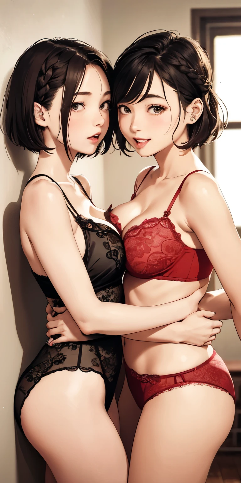 Short hair and braids、Cute face depiction、Realistically、(Two 26-year-old women hugging each other)、Wearing a red and yellow lace camisole,,Big Breasts,Accentuate your cleavage,Looking up from below,blush,moist pink lips,sexy,Besit,Please open your mouth wide、Place your arms behind your head、Wear underwear