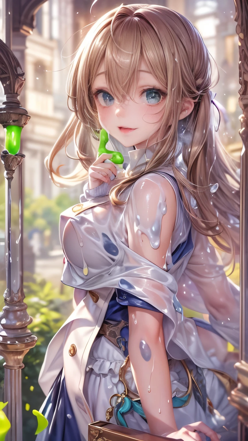 (Magazine Cover:1.3), Highest quality, Highest quality, 16K, Unbelievably absurd, Very detailed, 2.5D, delicate and dynamic, city, Stained glass, , , , Small pale light and colorful light, Many light sources, 巨大なComplex模様のmagic陣, magic, Small face, Very delicate appearance, Delicate eye depiction, Upper body close-up,, erotic, Dynamic sexy pose, Sexy Woman, Healthy body shape, 19 year old woman, , , height: 150cm, Big swinging bust, slime body, Very long wavy blonde hair, Twin tails, Upper body close-up, Glaring at the camera, look up, , Complex, (brown color jacket, , Green long skirt, , Brown Loafers), (White slime splashed all over the front of his face: 1.6)
