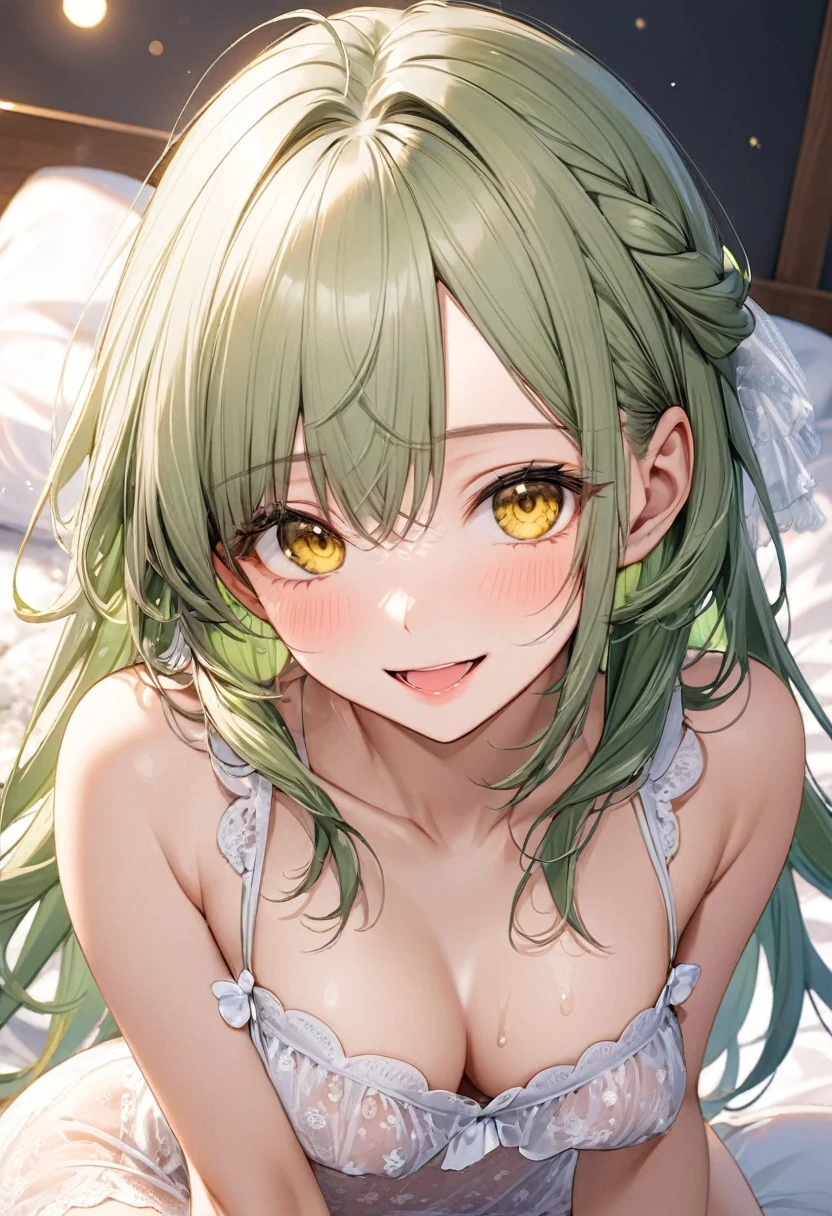 (close up face:1.2, focus face style), (pov, solo:2, , beautiful detailed sexy y), (best grow green hair long hair) (sexy girbeauty detailed moist yellow eyes), (sexy glossyp, small open mouth, love face, love smile, medium tits), in a si negligee, sit down on bed, break, in the cute bedroom, BREAK, perfect anatomy, masterpiece, best quality, 16k, beautiful detailed night, daydreaming expression.