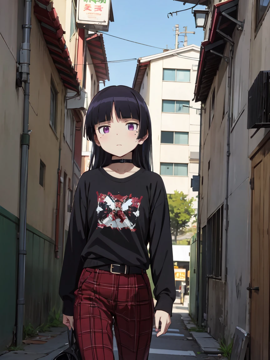 ((ruri gokou)), girl, alone, Hime cut, Black Hair, Mole under eye, long hair, Red eyes, punk, Punk Fashion, Red tartan trousers, Black Shirt, belt, choker, masterpiece, Urban Scene、Background of the cityscape、Graffiti wall