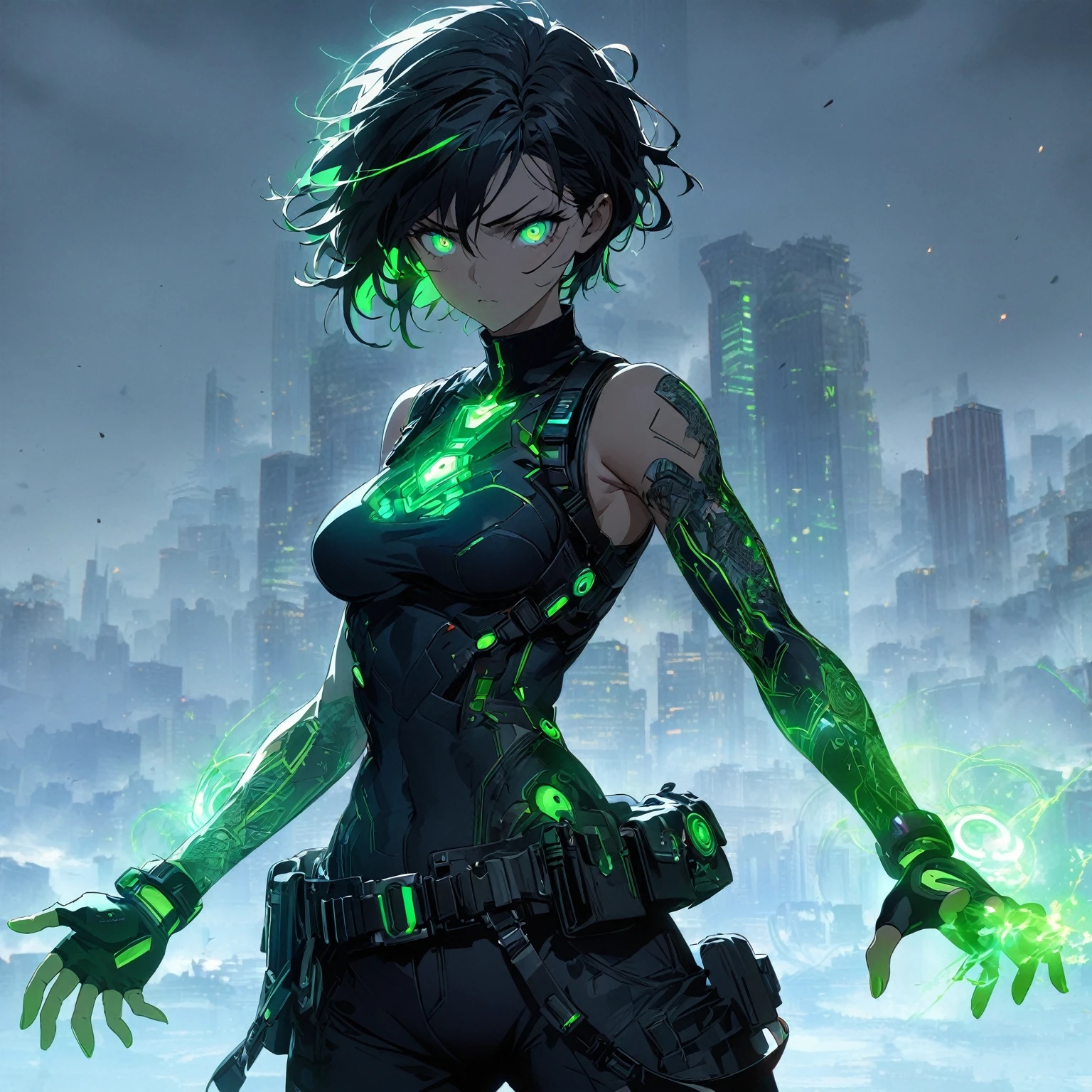 a girl with Slim, athletic build,Short, edgy hair with streaks of neon green,Intense, glowing green eyes,Fitted, (nude:0.9), NSFW, dark top with glowing green circuitry,standing in front of a city,Sleeveless or short-sleeved, showcasing glowing energy patterns on her arms,High-tech harness with energy nodes,Fingerless gloves with energy conduits,Dark, fitted pants with utility pockets,Belt with energy capsules and gadgets,Confident, determined expression,Energetic aura surrounding her hands and body, detailed gorgeous face| anime style| key visual| intricate detail| highly detailed| breathtaking| vibrant| panoramic| cinematic| Carne Griffiths| Conrad Roset| gibbli 8k