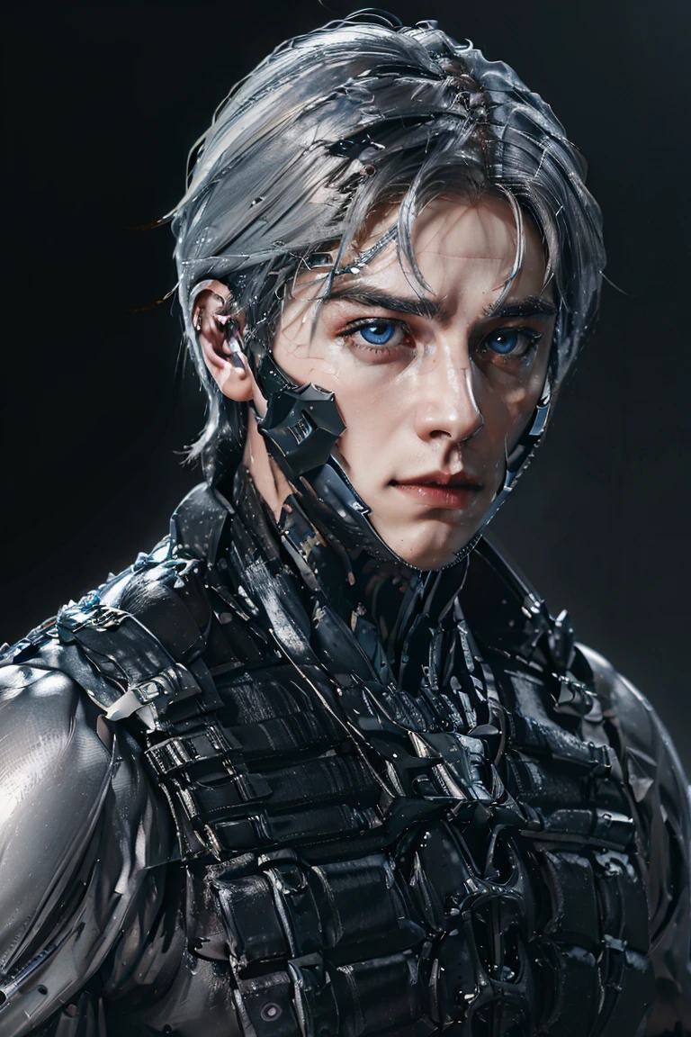 {Best Quality, 8k, Masterpiece}, ((Realistic)), [male], [white hair], (blue eyes), [[middle part haircut]], (handsome), (young boy), (Kpop Idol), (tech mask)