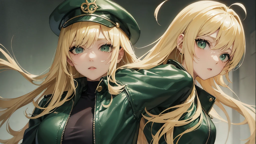 Korean、Anime girl with blonde hair and wearing a green leather jacket posing for the camera, blonde anime girl with long hair, Created by Anime Painter Studio, The finer details. Girls&#39; Frontline, Painted in an anime artist&#39;s studio, Detailed digital anime art, Portrait of a female anime hero, Detailed portrait of an anime girl, Digital anime illustration, from Girls&#39; Frontline, anime style like fate/Stay Night