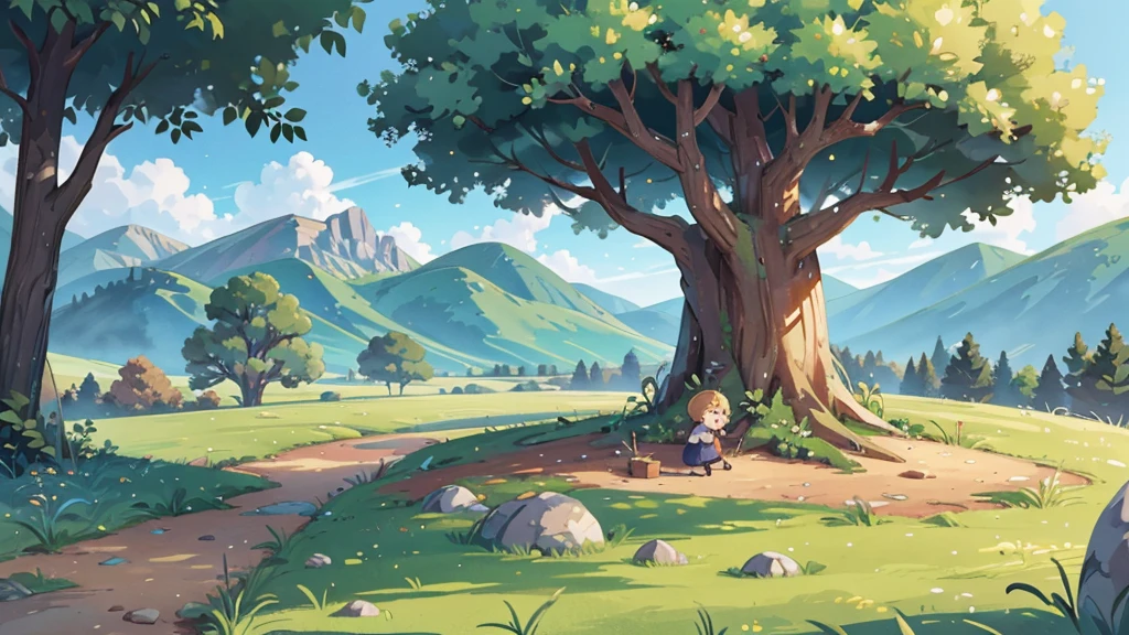 A round stone, a tree with a dry trunk, graminhas, pasture field in the background , rugged mountains and a desert