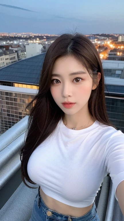 ((Midnight, Highest quality, 8k, masterpiece :1.3)), whole body, Long legs, Sharp focus :1.2, Beautiful woman with perfect figure :1.4, Slim Abs :1.1, ((Dark brown hair, Big Breasts :1.2)), (White tight T-shirt, Jean Bib, Are standing:1.2), ((Night city view, rooftop:1.3)), Highly detailed face and skin texture, Detailed eyes, double eyelid