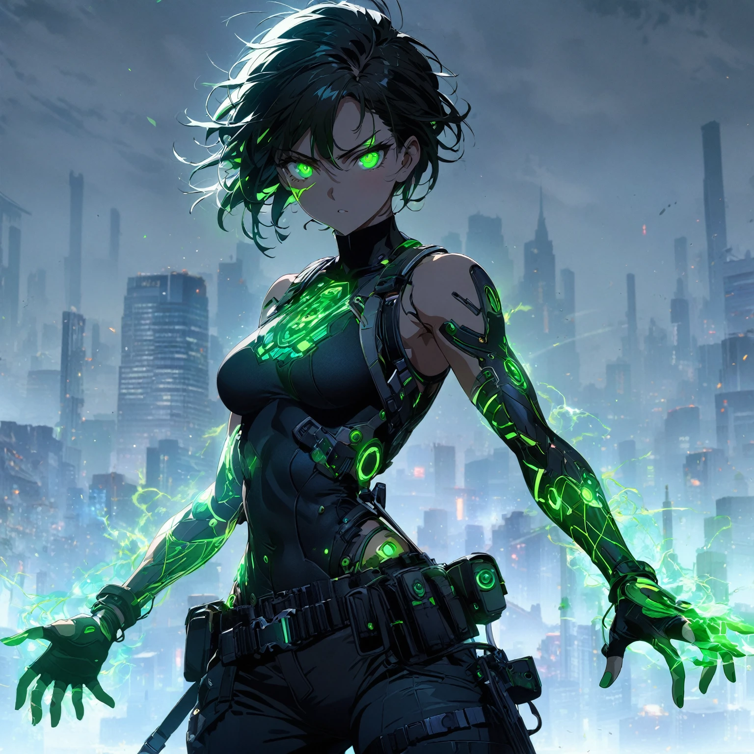 a girl with Slim, athletic build,Short, edgy hair with streaks of neon green,Intense, glowing green eyes,Fitted, (nude:0.9), NSFW, dark top with glowing green circuitry,standing in front of a city,Sleeveless or short-sleeved, showcasing glowing energy patterns on her arms,High-tech harness with energy nodes,Fingerless gloves with energy conduits,Dark, fitted pants with utility pockets,Belt with energy capsules and gadgets,Confident, determined expression,Energetic aura surrounding her hands and body, detailed gorgeous face| anime style| key visual| intricate detail| highly detailed| breathtaking| vibrant| panoramic| cinematic| Carne Griffiths| Conrad Roset| gibbli 8k