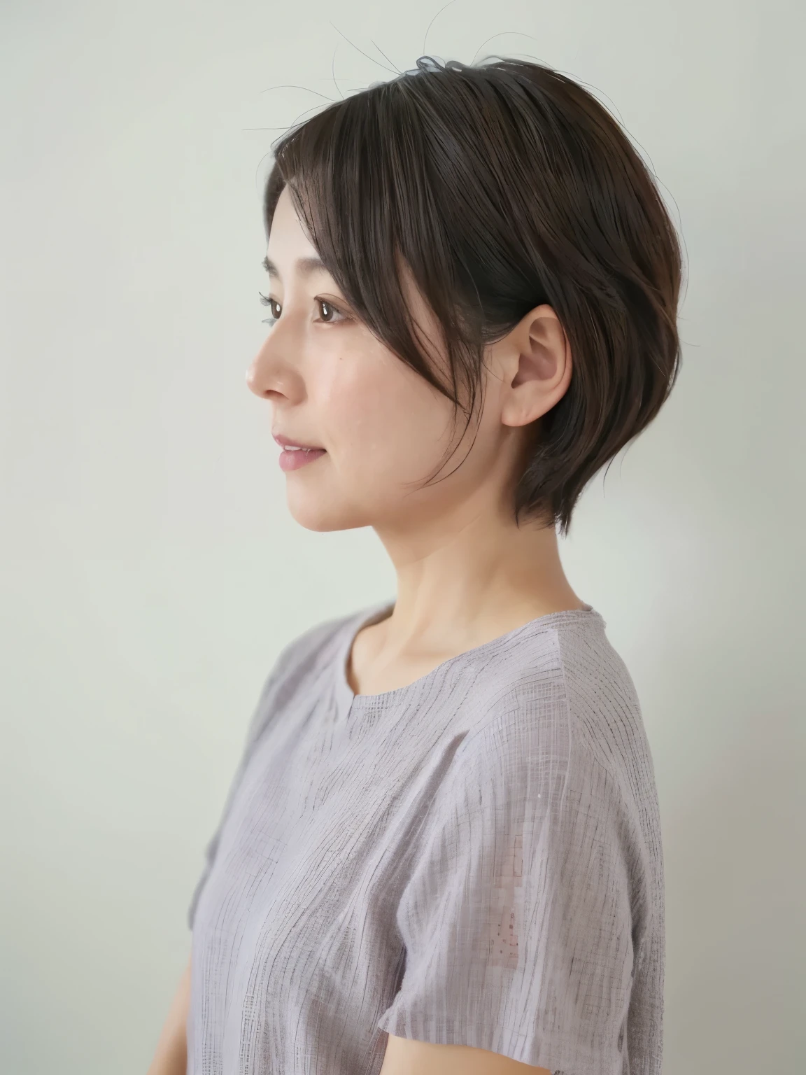 Short sleeve shirt、40A chubby Japanese woman in her thirties、(White wall in the background、Gray Hair)、profile、Photographed in front of a white wall、Layered Cut、Very delicate hair、(In a room with white walls and windows)、((Highest quality、8k、masterpiece:1.3))、Ultra-high resolution、(photoGenuineistic:1.4)、RAW Photos、Japanese,(detailed aspects)、Genuine、Photographed in natural light、Highly detailed face and skin texture、Highly detailed lips、The correct state of the human body、Shortcuts、short hair、Various poses、Natural color lip