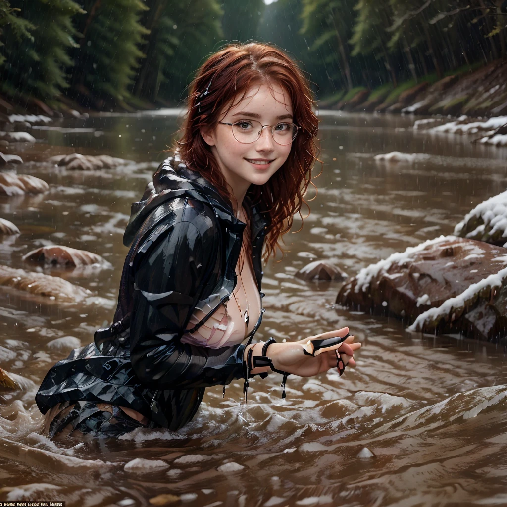 (Masterpiece, best quality:1.4), best quality, winter, ice, the head of a european model, she wears a wet white see-through bikini, red wet hair, ultra_photorealistic, detailed_face, sidebangs , dark brown eyes, she swims, submerged up to her neck, in a deep torrent icy river between ice floes, cloudy cold day, it snows heavily, but she has fun, she smiles, her hair and face are soaking wet and full of water drops, seen from a distance, snowy shore with snowy wood in background