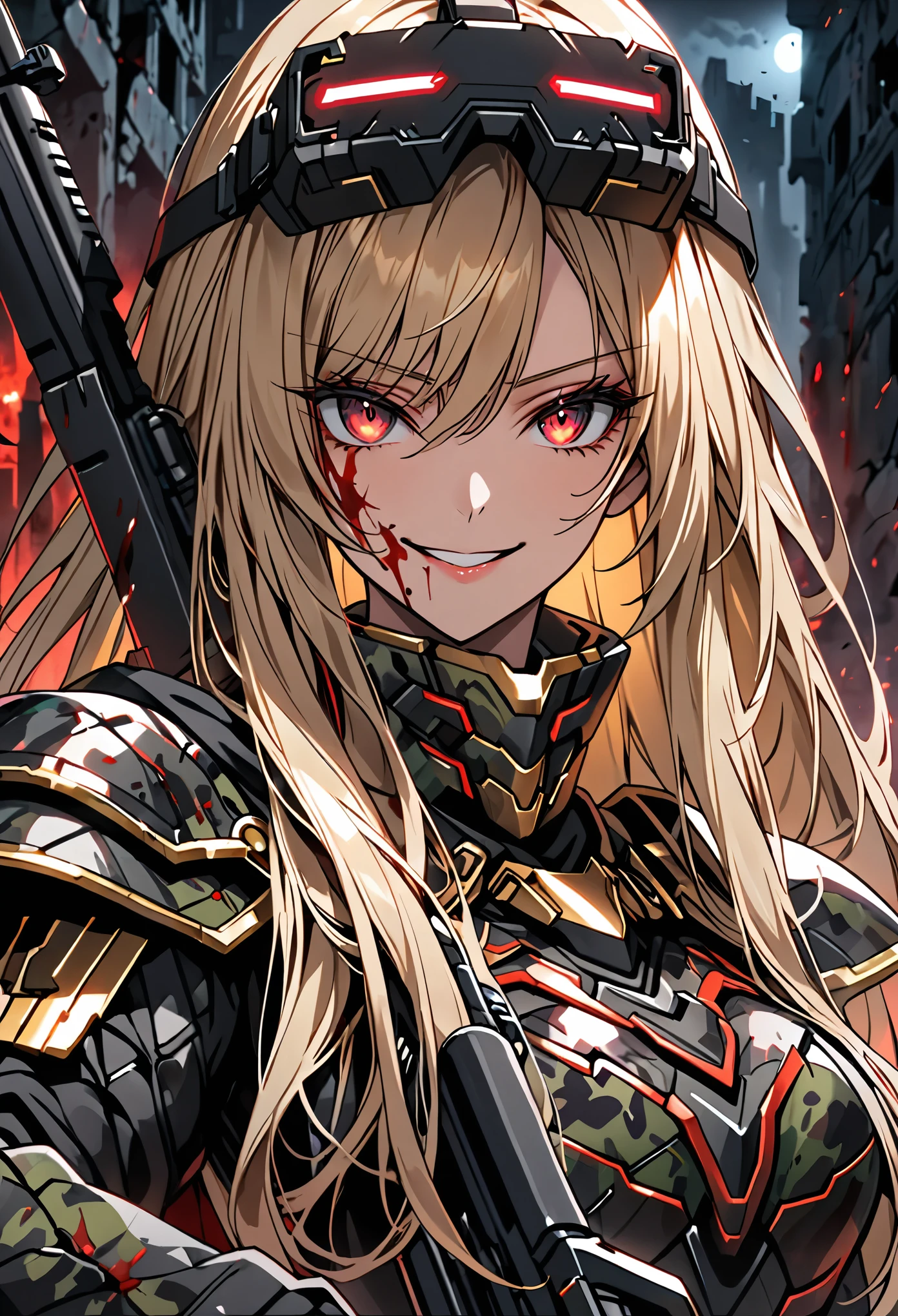 solo, female, huge woman, extremely tall woman, blonde, long hair, black uniform, ((dark camouflage armor)), black cape, gold trim, red trim, muscular, ruins, smile, baggy breeches, broad shoulders, night, looking at viewer, futuristic, head-mounted display, assault rifle, high-tech camouflage, close up, blood, crazy yandere expression, helmet, aiming rifle