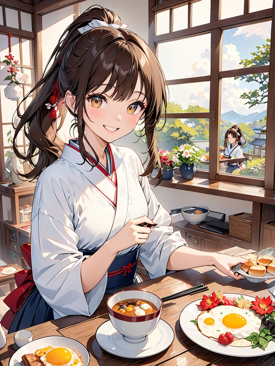 Highest quality, Highest quality, 16K, Unbelievably absurd, Very detailed, 2.5D, delicate and dynamic,Japanese women,18-year-old,cute,Private Server,ponytail,Brown Hair,Shiny Hair,smile,Wink,Inside the house,breakfast