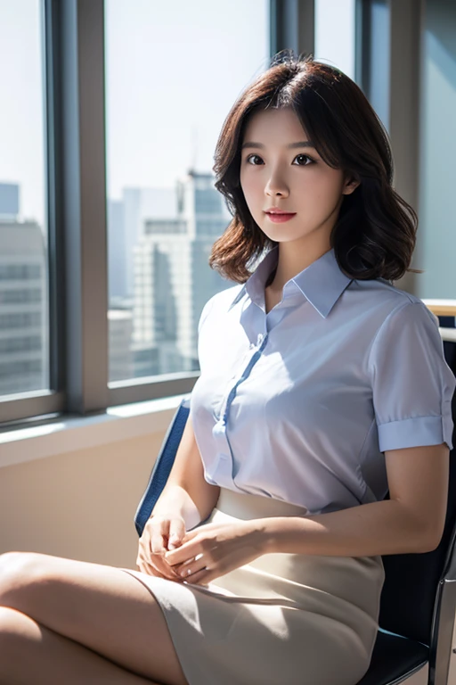 ((premium、masterpiece、realistic photography:1.4、and 8K)),(navy blue transparent shirt、tight white skirt),Delicate and beautiful face、delicate and beautiful eyes、beautiful hair、Offices on high floors、You can see the building from the large windows.、detailed background, perfect lighting, Depth of fields, Beautiful shadow gradient , ((Captura de Whole body)), Whole body,(sitting in a chair、Legs crossed, I'll look at the camera.,black pantyhose,pin heels