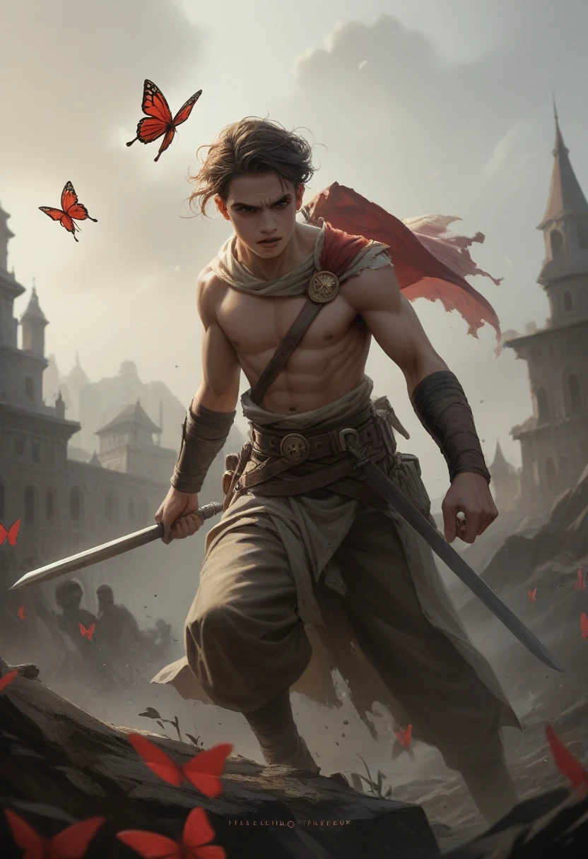 image that represents the fight for the freedom of the innocent, You could consider a visual combination that reflects both the concept of bloodshed and the desire for freedom. You could represent blood as a symbolic element, perhaps in the form of red butterflies rising into the sky. This representation would fuse the idea of struggle and sacrifice with hope and freedom.