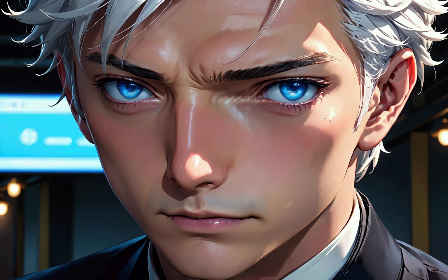 anime guy with white hair and blue eyes, Satoru Gojo, Satoru Gojo portrait, Satoru Gojo, tall anime guy with blue eyes, male anime character, epic anime shot 8k hd, main visuals of the anime.