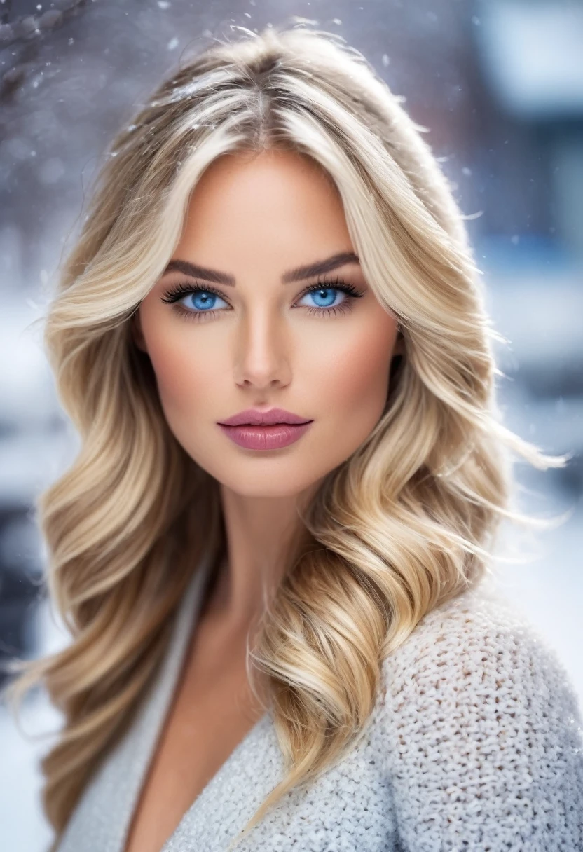 Professional portrait photo of a beautiful Canadian girl in winter clothes with long wavy blonde hair, beautiful symmetrical face,semi full chest,blue colored eyes,skin fair, shapely body,good height, Long, dark eyelashes,Glossy lips, good dressing sense,good hairstyle,perfect curves,strong chin,appealing , chic, Wear warm winter fashion clothes, snowing, fog,ultracharf, face detailed, Impressive modern urban environment, ultra realisitic, highy detailed, complicated, sharp focus, Depth of field, medium shot, HDR, 8k, Olhos PerfectEyes, hight contrast