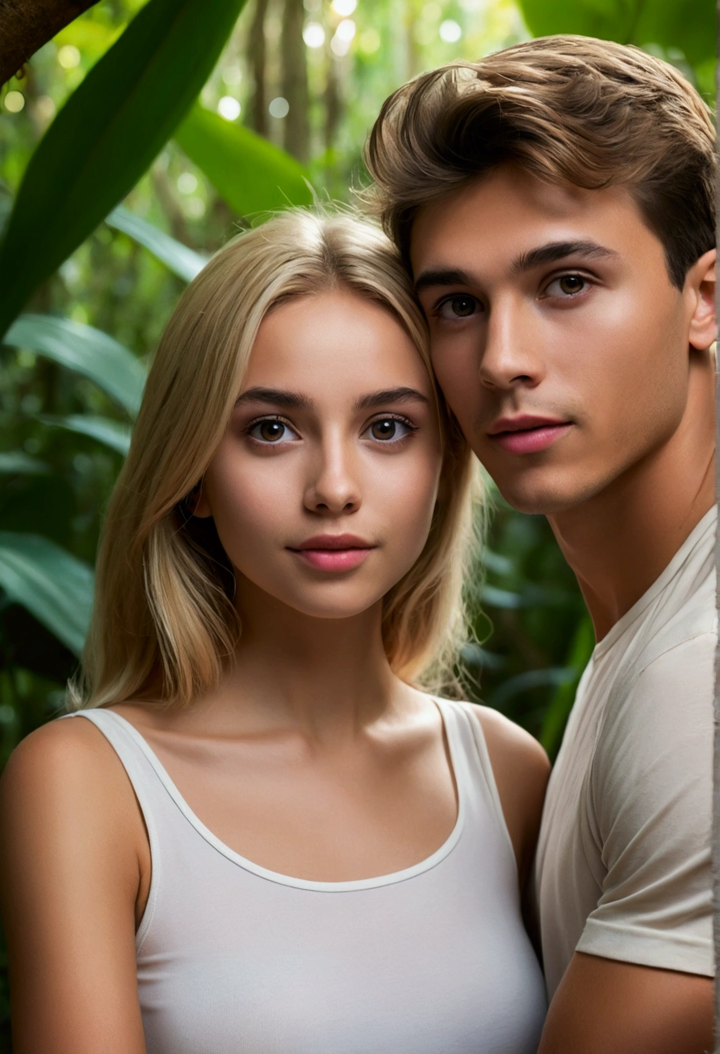 A young beautiful girl of 20 years old meets a handsome young man against a jungle background, happiness, love, a look in love, very beautiful faces, expressive photography, bright color palette and subtle details, beautiful facial features, big eyes, blonde, photorealistic photography, in soft natural light, modernity. Precise anatomy, global lighting, chiaroscuro and ray tracing techniques