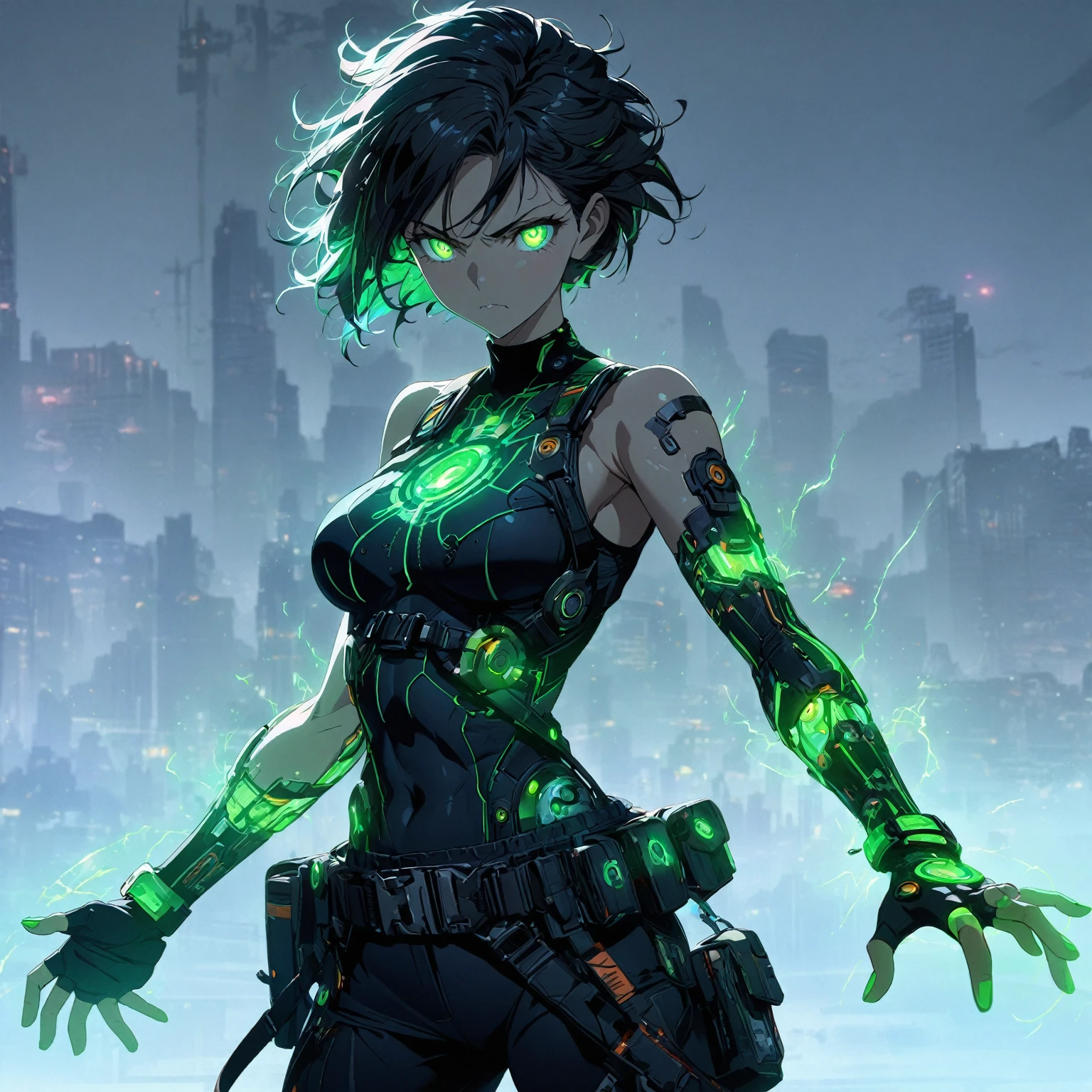 a girl with Slim, athletic build,Short, edgy hair with streaks of neon green,Intense, glowing green eyes,Fitted, (nude:0.9), NSFW, dark top with glowing green circuitry,standing in front of a city,Sleeveless or short-sleeved, showcasing glowing energy patterns on her arms,High-tech harness with energy nodes,Fingerless gloves with energy conduits,Dark, fitted pants with utility pockets,Belt with energy capsules and gadgets,Confident, determined expression,Energetic aura surrounding her hands and body, detailed gorgeous face| anime style| key visual| intricate detail| highly detailed| breathtaking| vibrant| panoramic| cinematic| Carne Griffiths| Conrad Roset| gibbli 8k