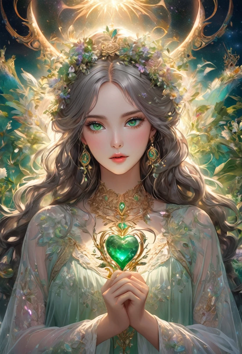 Charming Spanish woman, stunning, slender, Delicate face, Lightly tanned skin, Gray hair, Detailed green eyes, Full lips, Delicate chin, long hair, Braided, upper part of the body, delicate garments in almost transparent fabric, light green with gold embroidery , holds in her hands a jade crystal heart-shaped jewel, shiny, intricate and detailed jewelry, looking at the viewer, detailed background, detailed face, (bohoai, boho theme: 1.1) (bright eyes: 1.05), background living star constellation, zodiac, horoscope, at peace, calm, twins, symbolism, astral energy, bright white lights, cosmic light, flower, metaphysics, lighting, stardust, backlighting, cosmic space background, ethereal atmosphere, high quality.