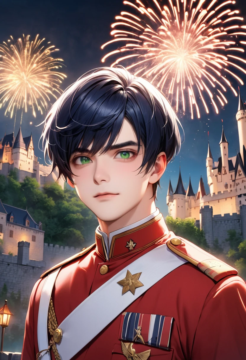 1 male Short dark blue hair and eyebrows Bangs that stand up and part widely on the right side Deep green eyes Red and white military uniform Inside the castle firework