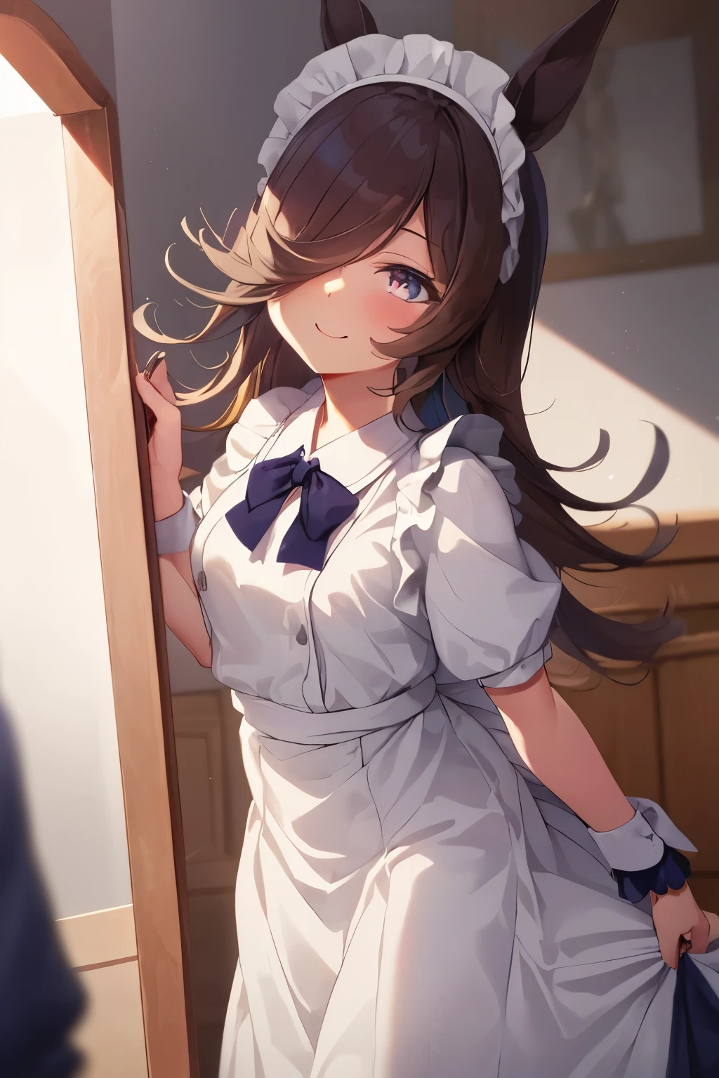 (Tabletop.Highest quality).(Dynamic Angle). (CG paintings with attention to detail),(Perfect image)、Comic Strip.shape.1 girl.Detailed face、Perfect Face.Delicate face、A cute and delicate girl in a gothic maid outfit、Rough skin、Black Hair.length、(Umamimi Girl)Umamimi Girl、((Beautiful Blue Eyes)).繊細でBeautiful Eyes、Beautiful Eyes、Reflected Eyes、smile.(Looking at the audience:1.3).(Face is a little red:0.8)、8k wallpaper、Cowboy Shot、reflected light、Most detailed、Complex、Rough skin、Fine skin、(Super Resolution)、((Cute girl in gothic maid outfit))