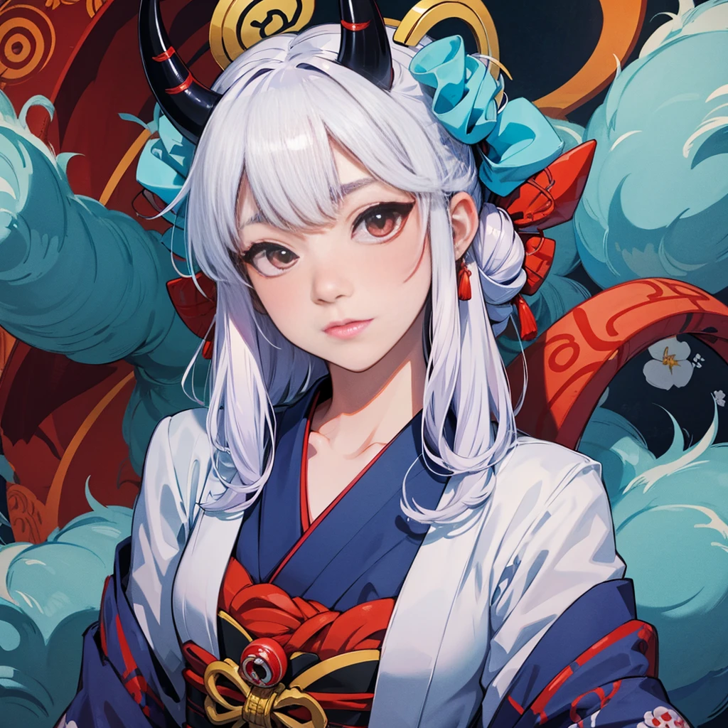 Japanese Yokai、Large horns from the head、My face is covered in mold
