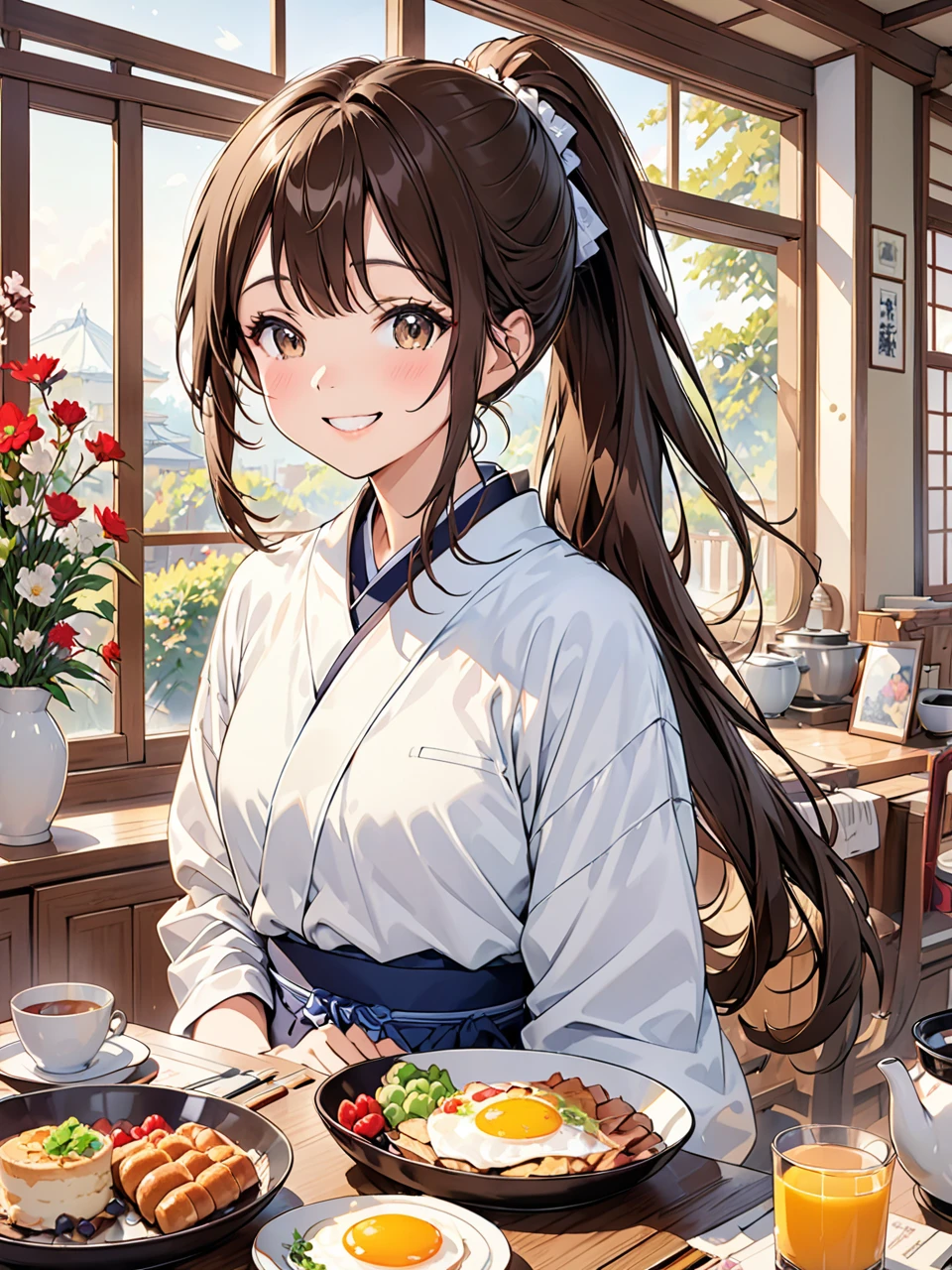Highest quality, Highest quality, 16K, Unbelievably absurd, Very detailed, 2.5D, delicate and dynamic,Japanese women,18-year-old,cute,university student,ponytail,Brown Hair,Shiny Hair,smile,Wink,Inside the house,breakfast