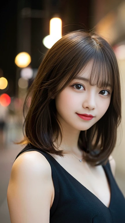 Tabletop, Highest quality, shape, Very detailed, finely, High resolution, 8k wallpaper, 完璧なダイナミックな構shape, finelyて美しい目, Wearing a black dress,Medium Hair,Natural color lip, smile,Harajuku、Teenage Girl、cute、Looking into the camera、C cup、Brown Hair、Blurred night New York background