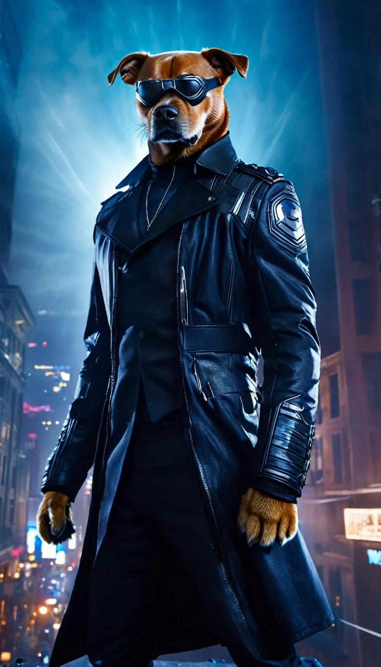 A dog dressed as Nick Fury,The Face Is a Dog,One eye is hidden,Cityscape in the background,Cinema Lighting, Very detailed, 8k, Realistic, Studio Lighting, Intricate details, Dynamic pose, Shiny metal texture, Glowing repulsor effect, Atmospheric fog, Vibrant colors, Dramatic Shadows, Volumetric lighting
