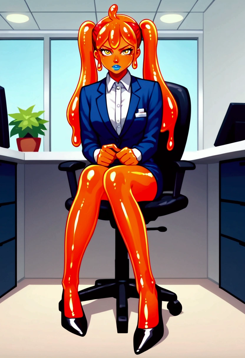 core_9, score_8_up, score_7_up, score_6_up, BREAK source_anime, A cute and tender slime girl sitting in an office, (alone), Redskin, full lips, pigtails on the sides, Red hair, yellow eyes, blue painted lips, office worker clothes, anime screencap,  body, sitting on a chair, black heels, full body shot, slime girl, slimegirlsupremacy, slimegirlsfw