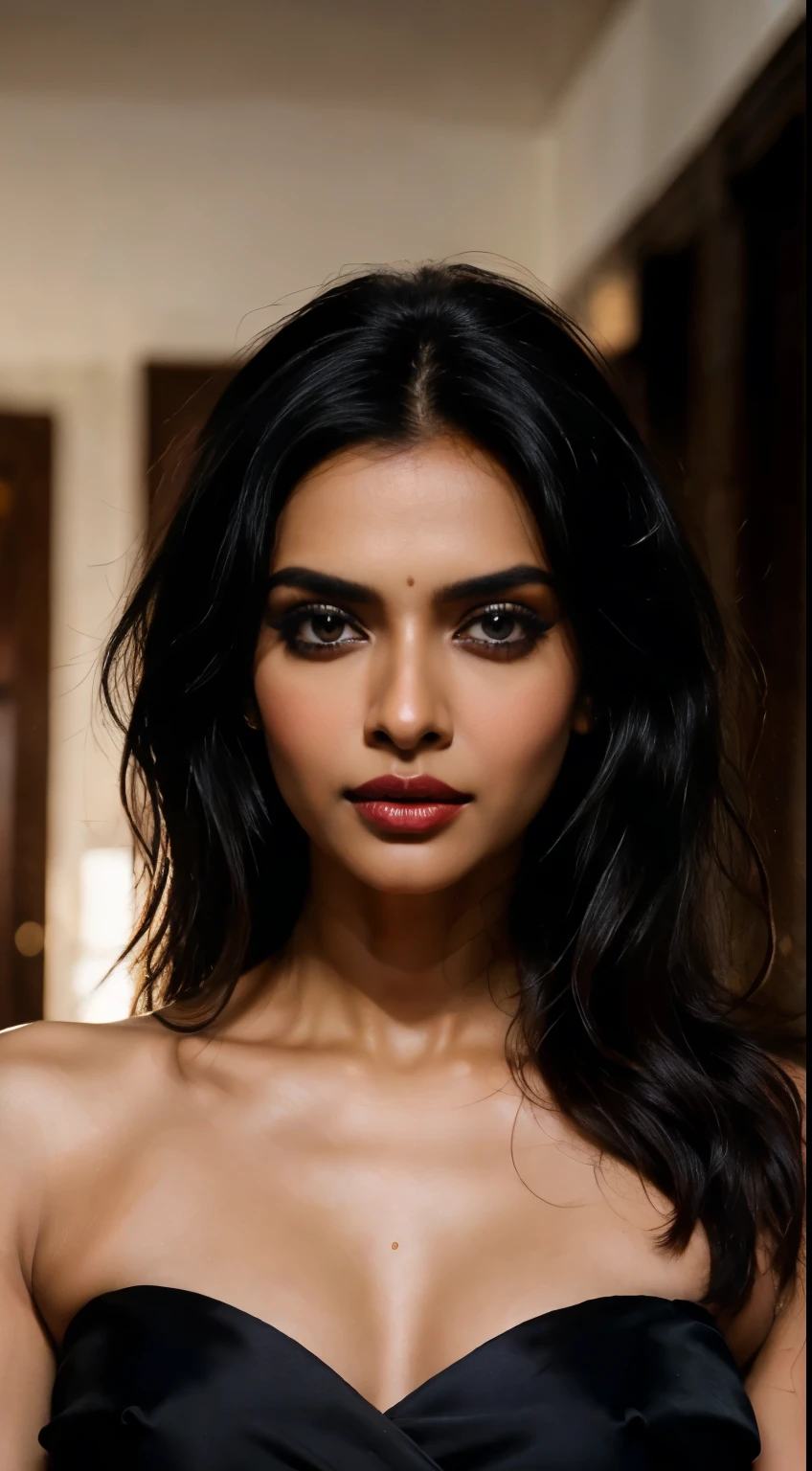 Indian Supermodel, wearing sexual black saree and sleeveless blouse, sexual , beautiful breasts, split, oily skin, lustful glances, Large model, sexual expression, luxury makeup, Smoky Eye, black hair, 8 K, cinematic, mixture of Anna Gurieva and Deepika Padukone faces