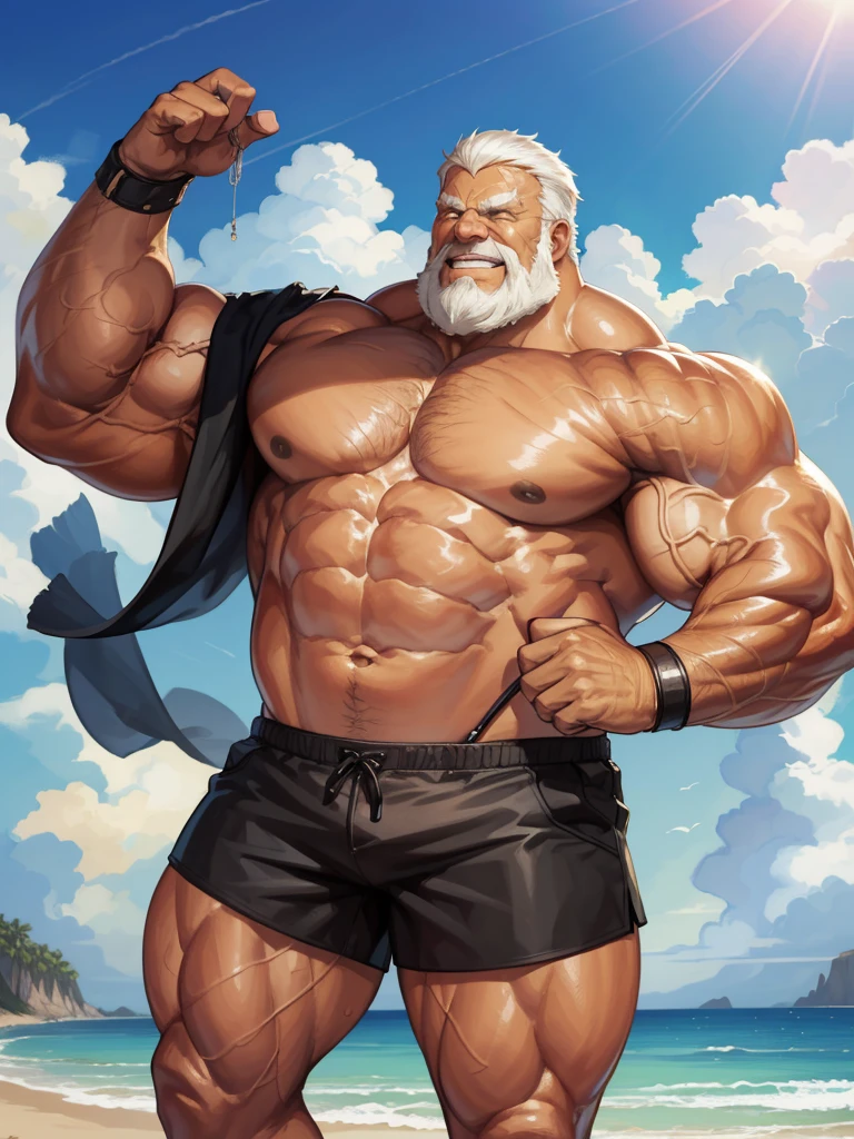 1boy, 1man, solo. beach, extremely huge muscular, massive muscular, full-body , (topless, shirtless, shorts), well-muscled old man. ((extremely muscle size, super thick arms, huge pec, extremely wide pectoral , huge arms)), wide smiling. Add textures and details to make the image more realistic, such as the appearance of the. Make sure the resulting image is high resolution, 8K quality